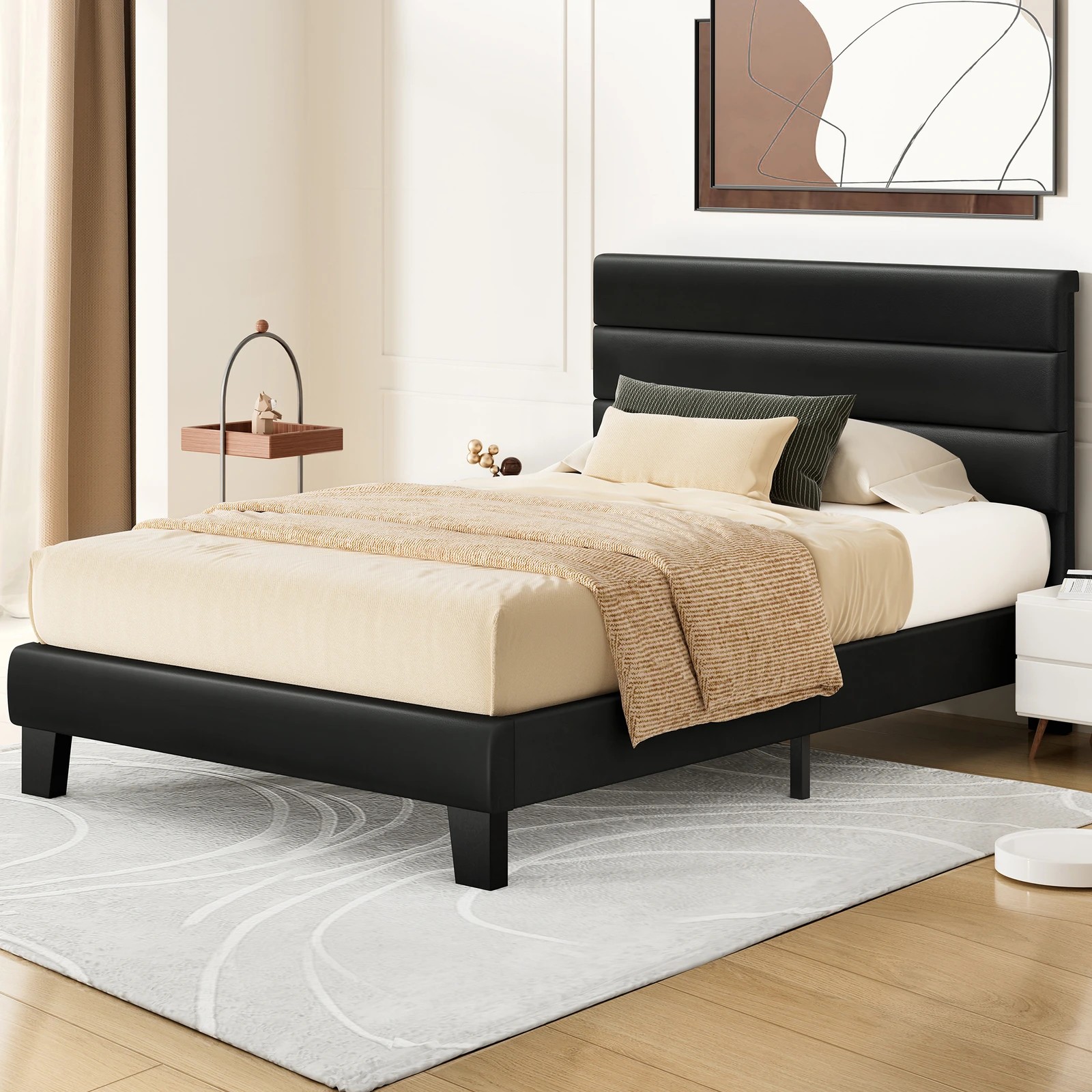 2 Alfordson Bed Frame Single Size Upholstered Platform Leather Harlene - Black, 2 of 10