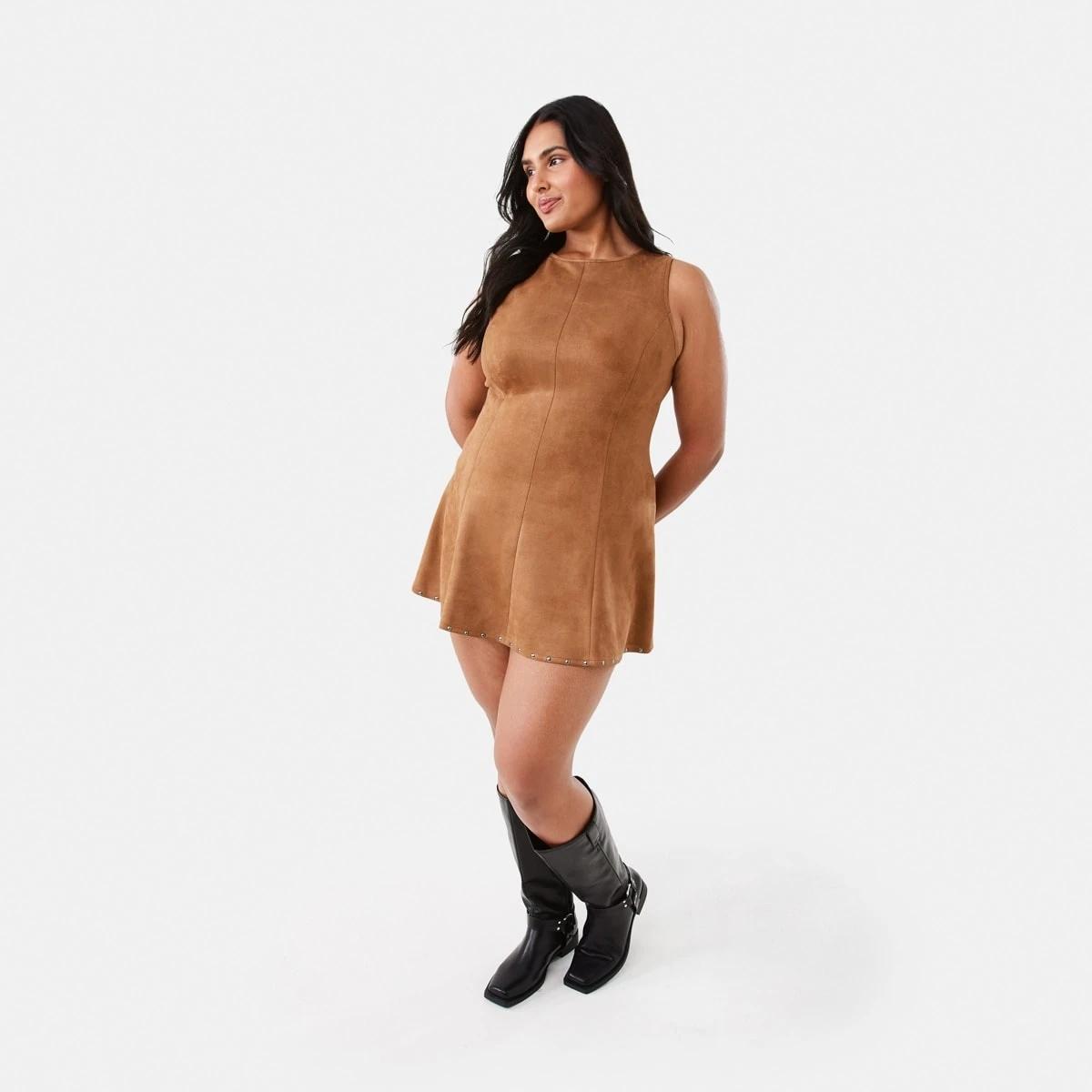 4 Suedette Mini Dress DEEP CAMEL, 4 of 10