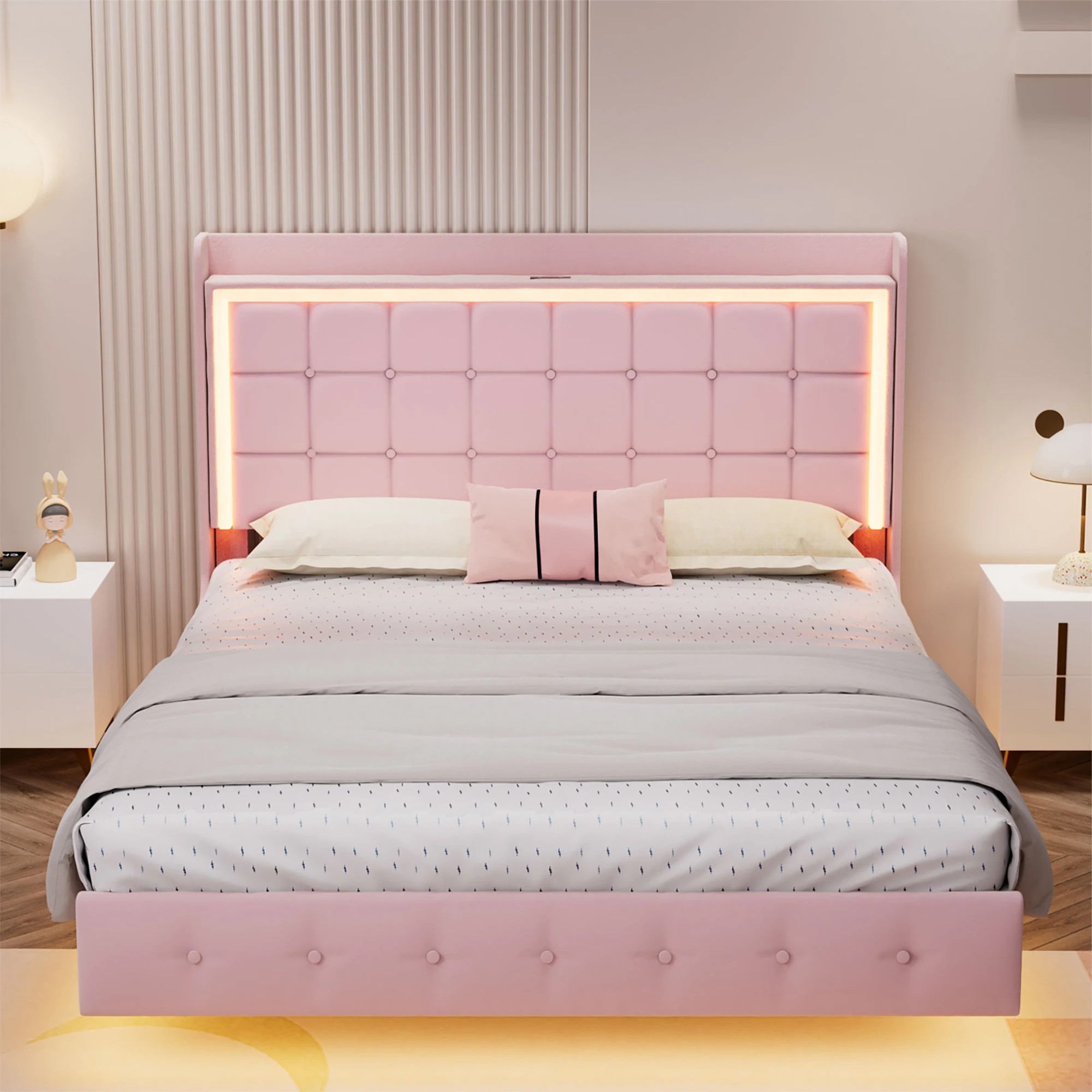 8 Levede King  Bed Frame with LED and Charging Station - Pink, 8 of 9