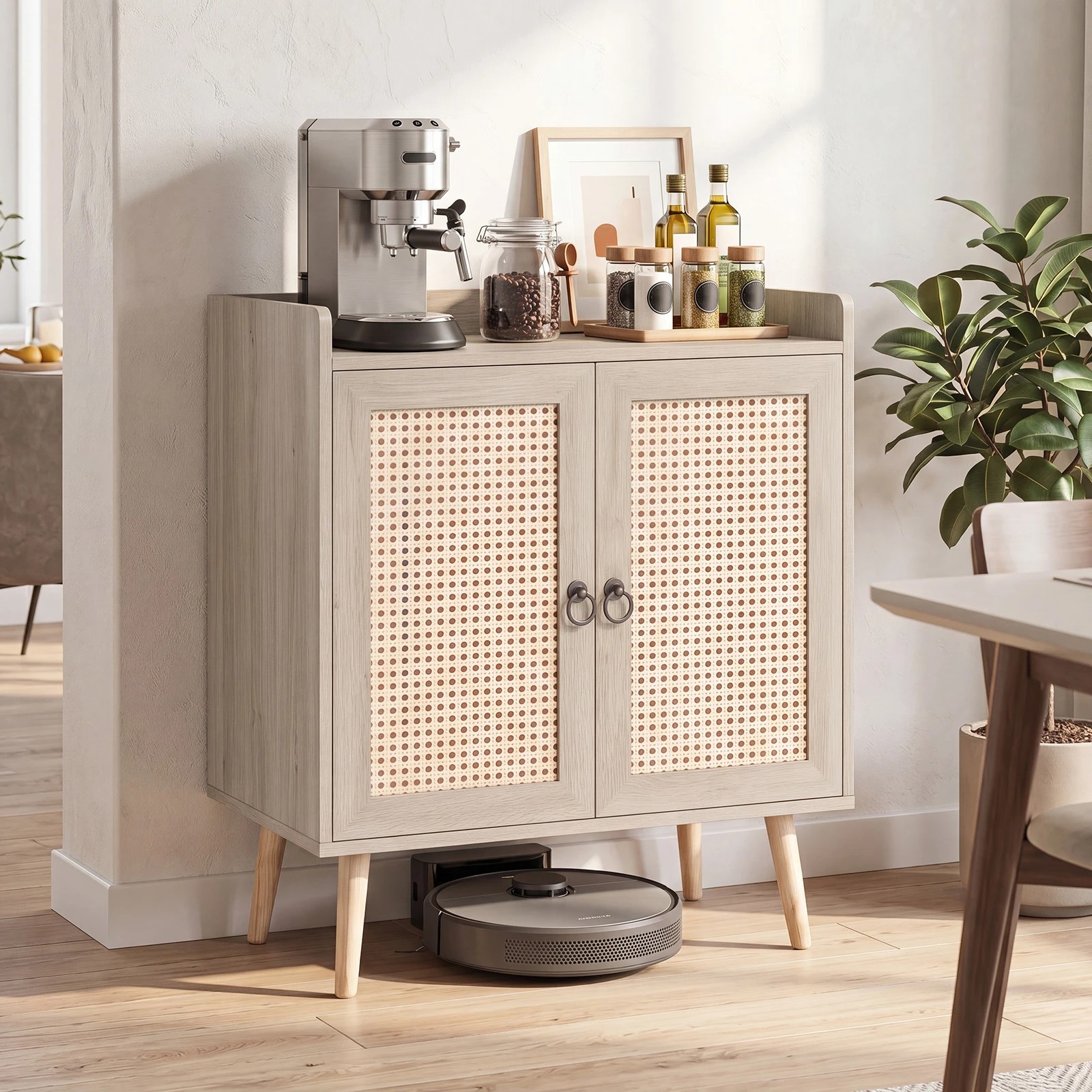 5 Costway Sideboard Buffet Rattan Coffee Bar Cabinet Adjustable Shelf & Pine Wood Legs - Natural, 5 of 5