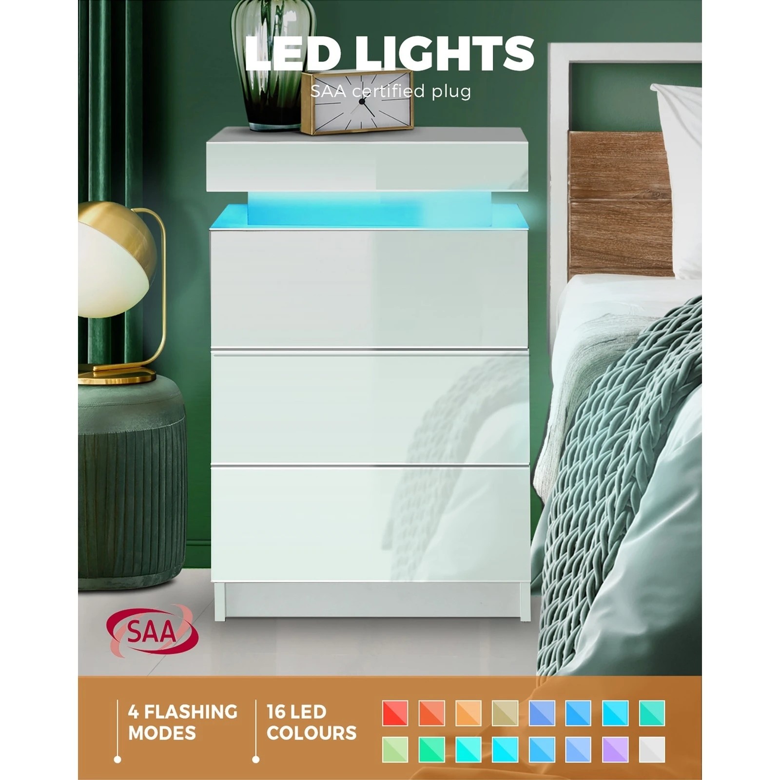 2 Oikiture Bedside Table Rgb Led 3 Drawers Nightstand Cabinet
 - White, 2 of 8