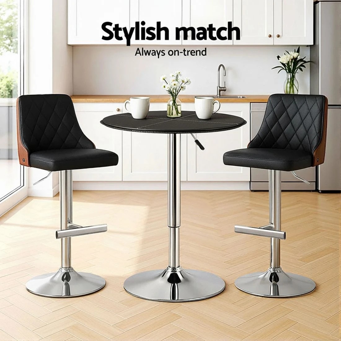 5 Artiss Bar Table Round Swivel Height Adjustable 62cm Modern PVC Leather - Black, 5 of 6