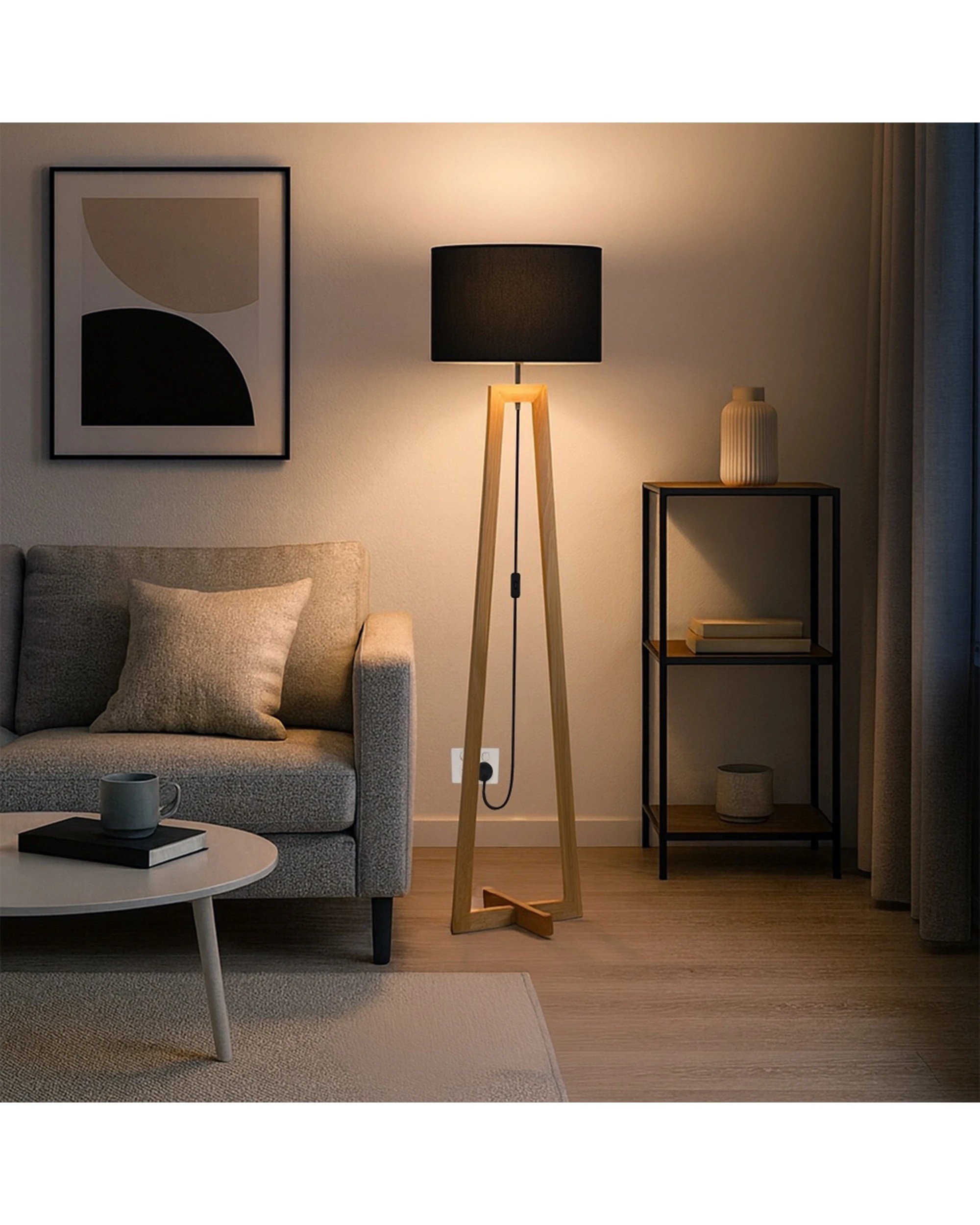 3 Urban Style Dana Floor Lamp Shade Tripod Timber Base Inline Switch - Black, 3 of 4