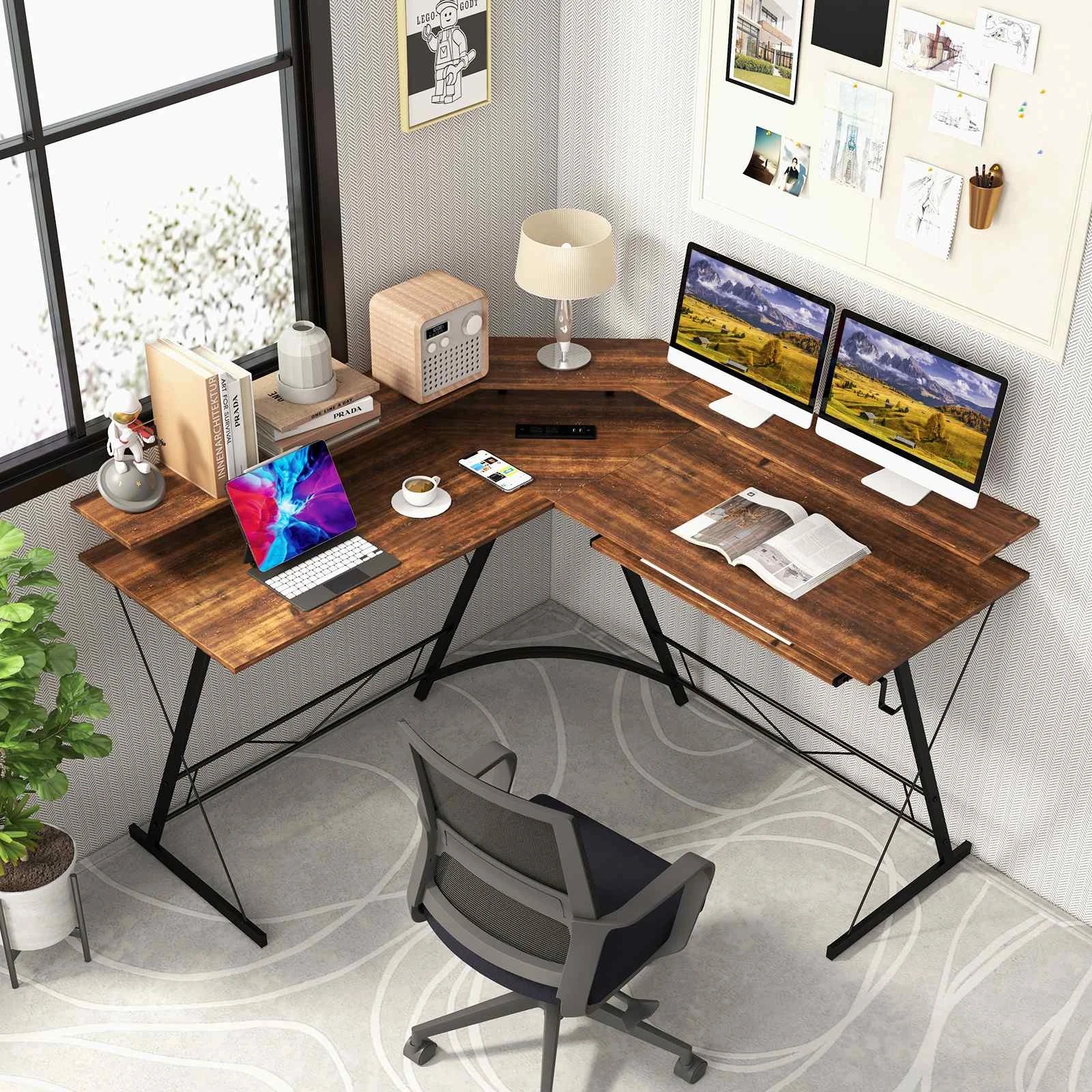 4 Costway L-shaped Computer Desk Corner Gaming Desk w/Power Outlet, 4 of 6