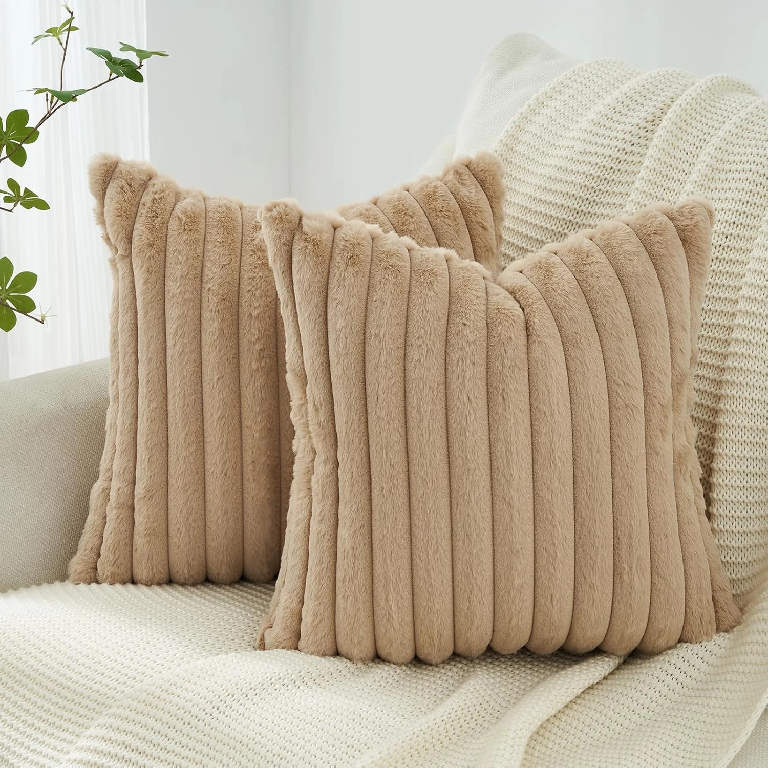 2 Gioia Casa 2-Pack Faux Fur European Pillowcases 65x65cm - Natural, 2 of 3