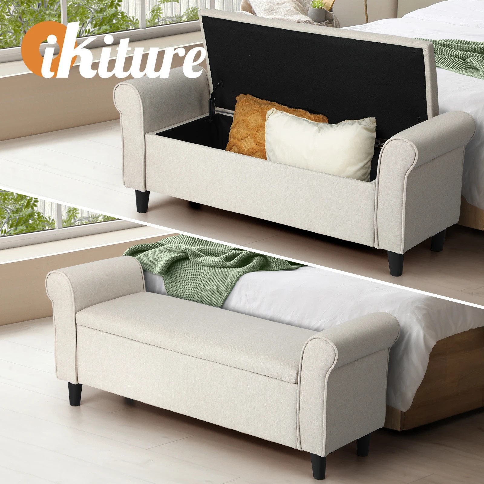 2 Oikiture Storage Ottoman Blanket Box Linen Fabric Arm Foot Stool Couch
 - Beige, 2 of 10