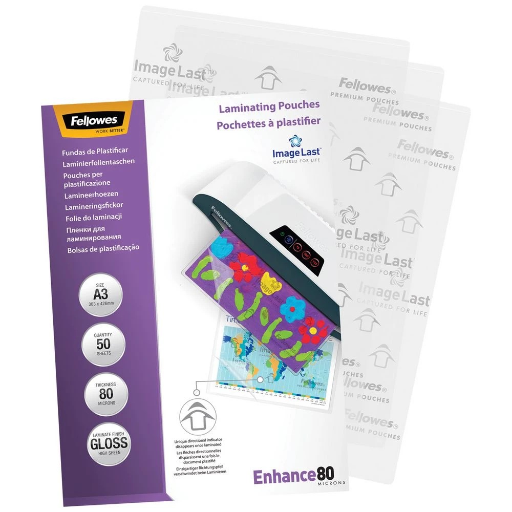 2 Fellowes A3 80 Micron Laminating Pouch Gloss 50 Pack, 2 of 3