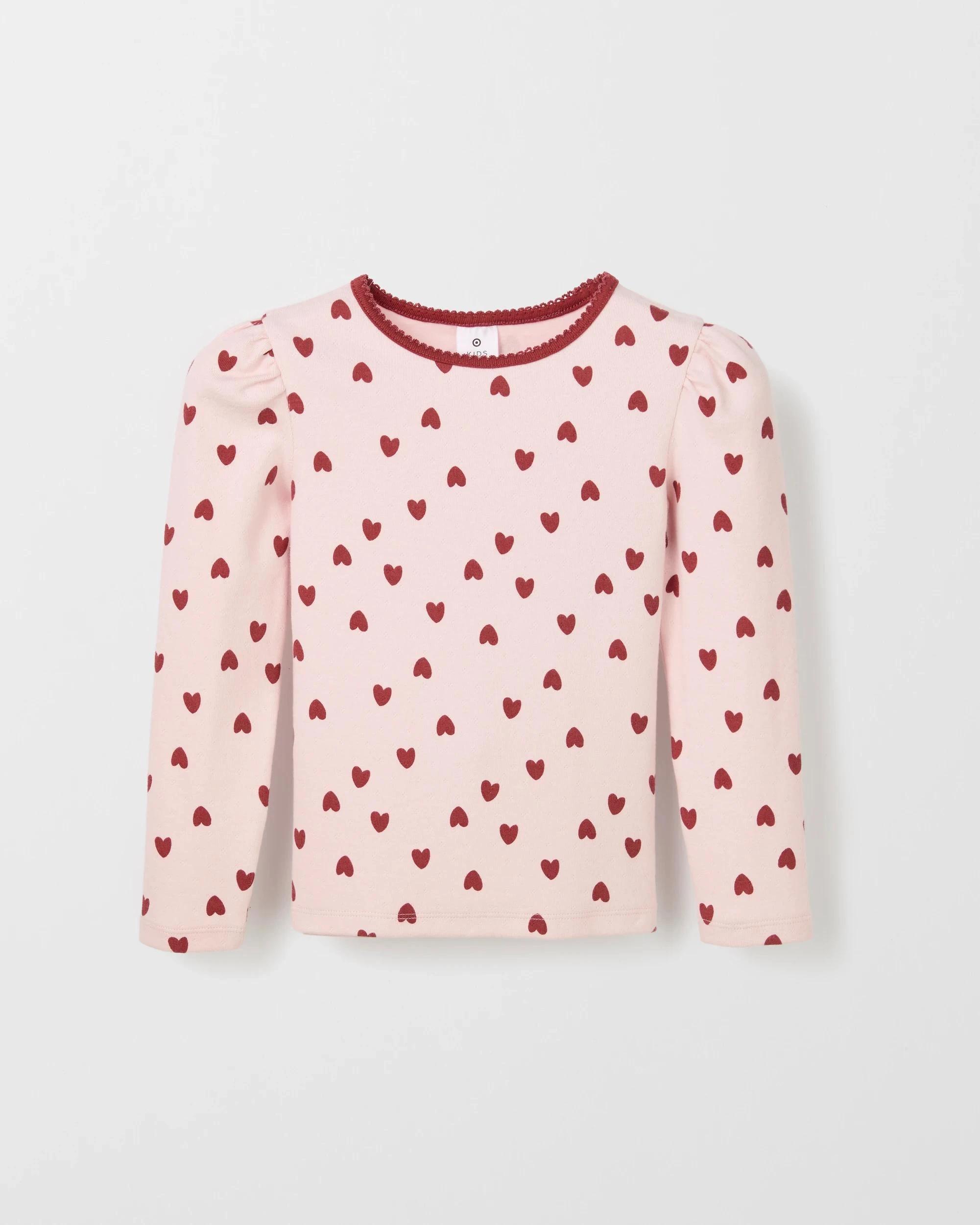 1 Target Kids Australian Cotton Long Sleeve Pointelle Top PINK HEART AOP, 1 of 2