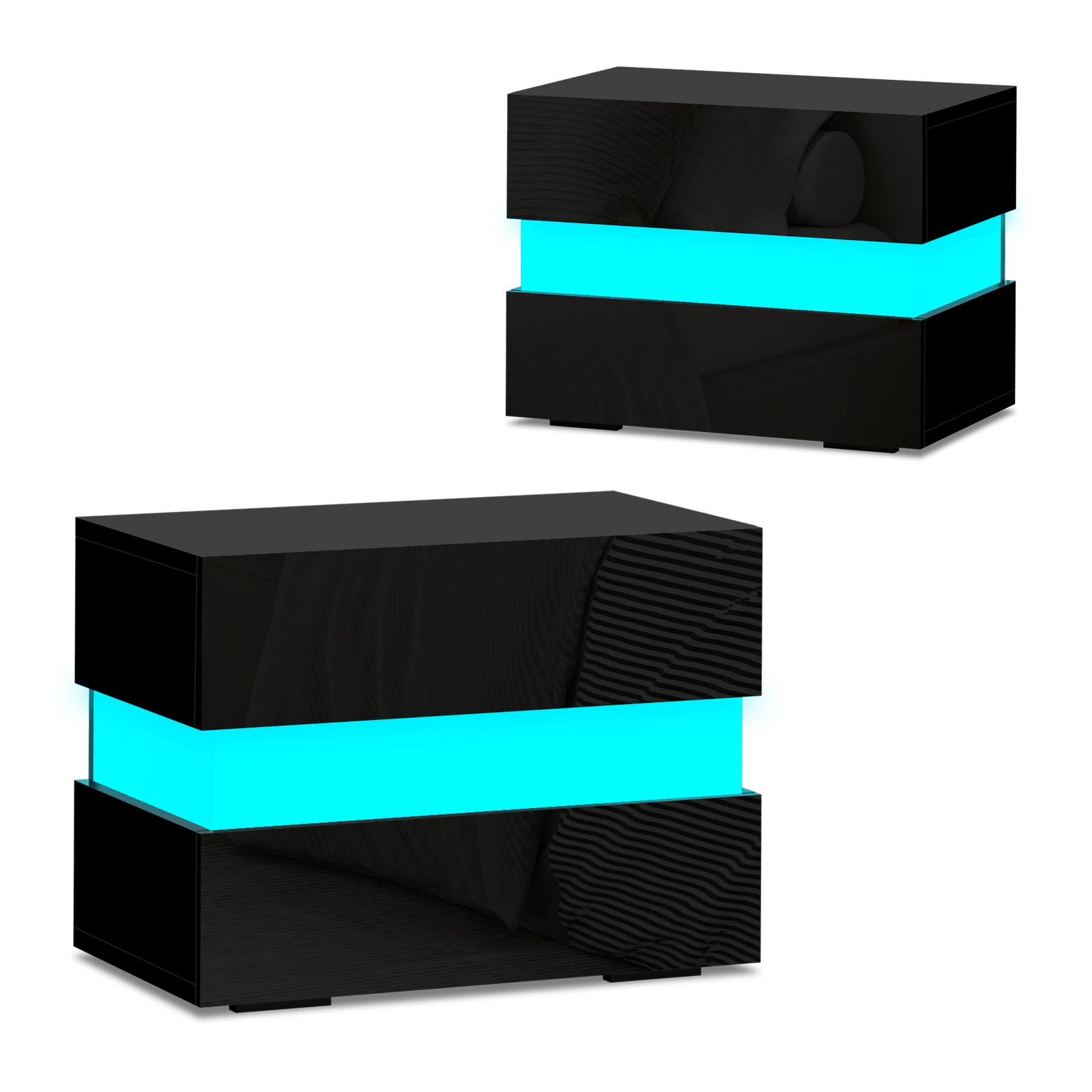 1 Alfordson 2x Bedside Table RGB LED Nightstand 2 Drawers 4 Side High Gloss - Black, 1 of 10