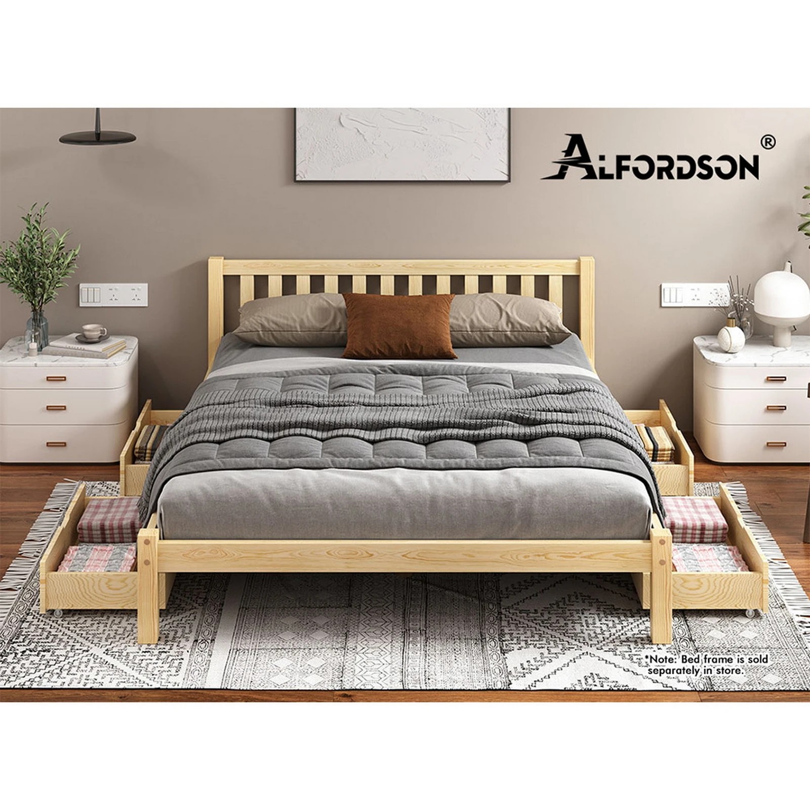 7 Alfordson 2x Storage Drawers Trundle for Wooden Bed Frame Base Timber - Natural, 7 of 7
