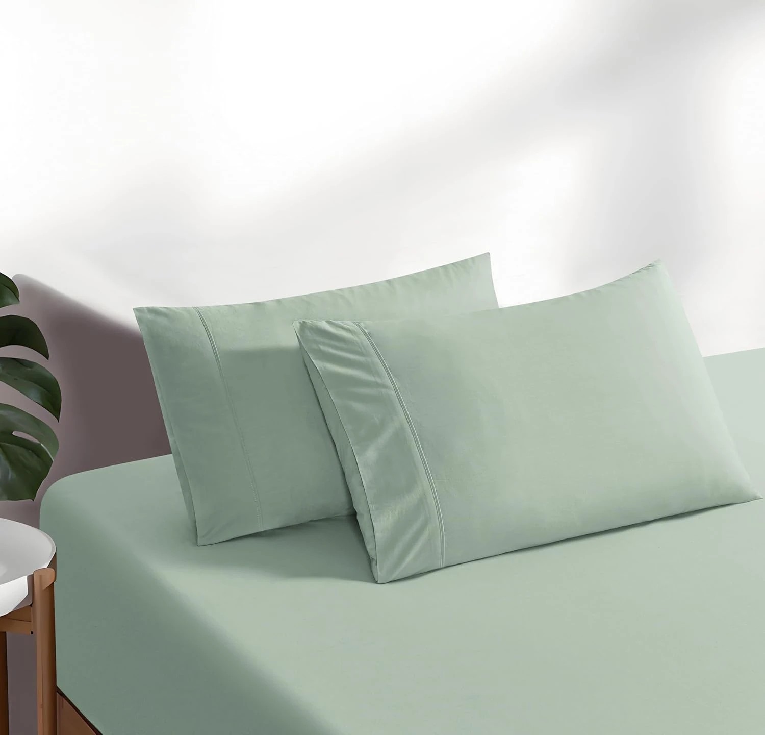 2 Gioia Casa Vintage Washed Cotton Fitted Sheet Set Soft Breathable - Double Bed - Sage, 2 of 4