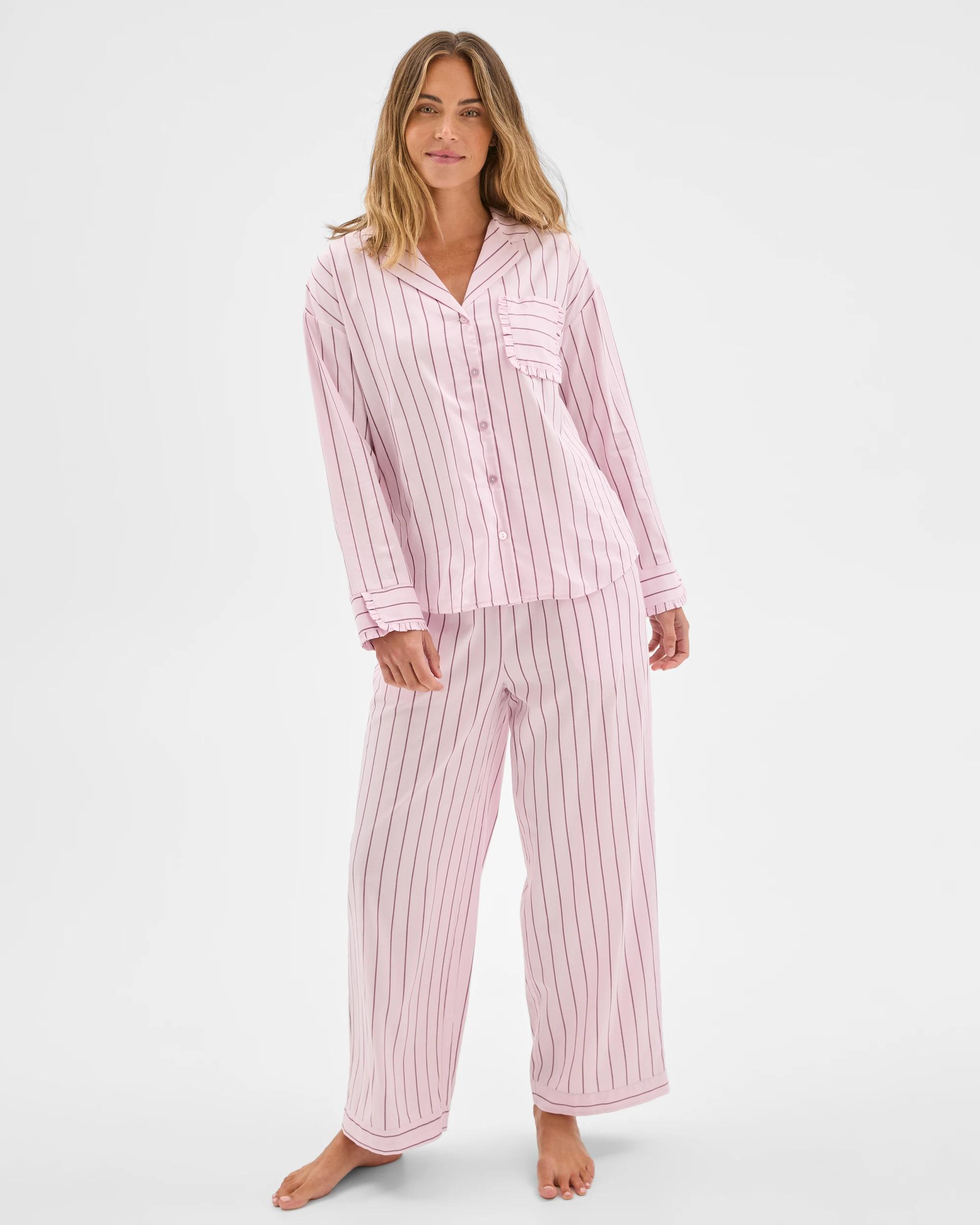 1 Target Woman Long Sleeve Top and Pants Pyjama Set PINK STRIPE, 1 of 7