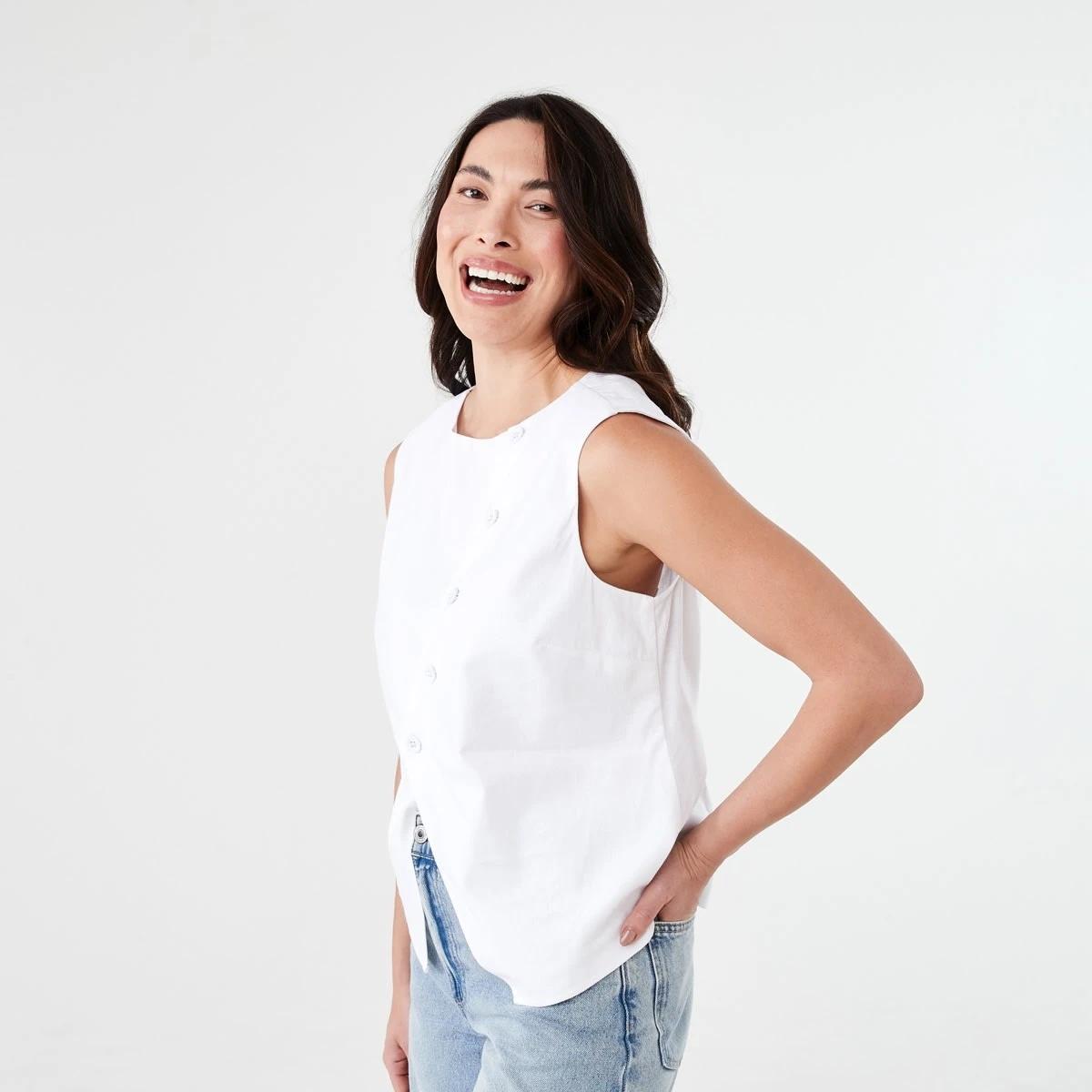 2 Sleeveless Asymmetrical Button Through Vest WHITE, 2 of 7