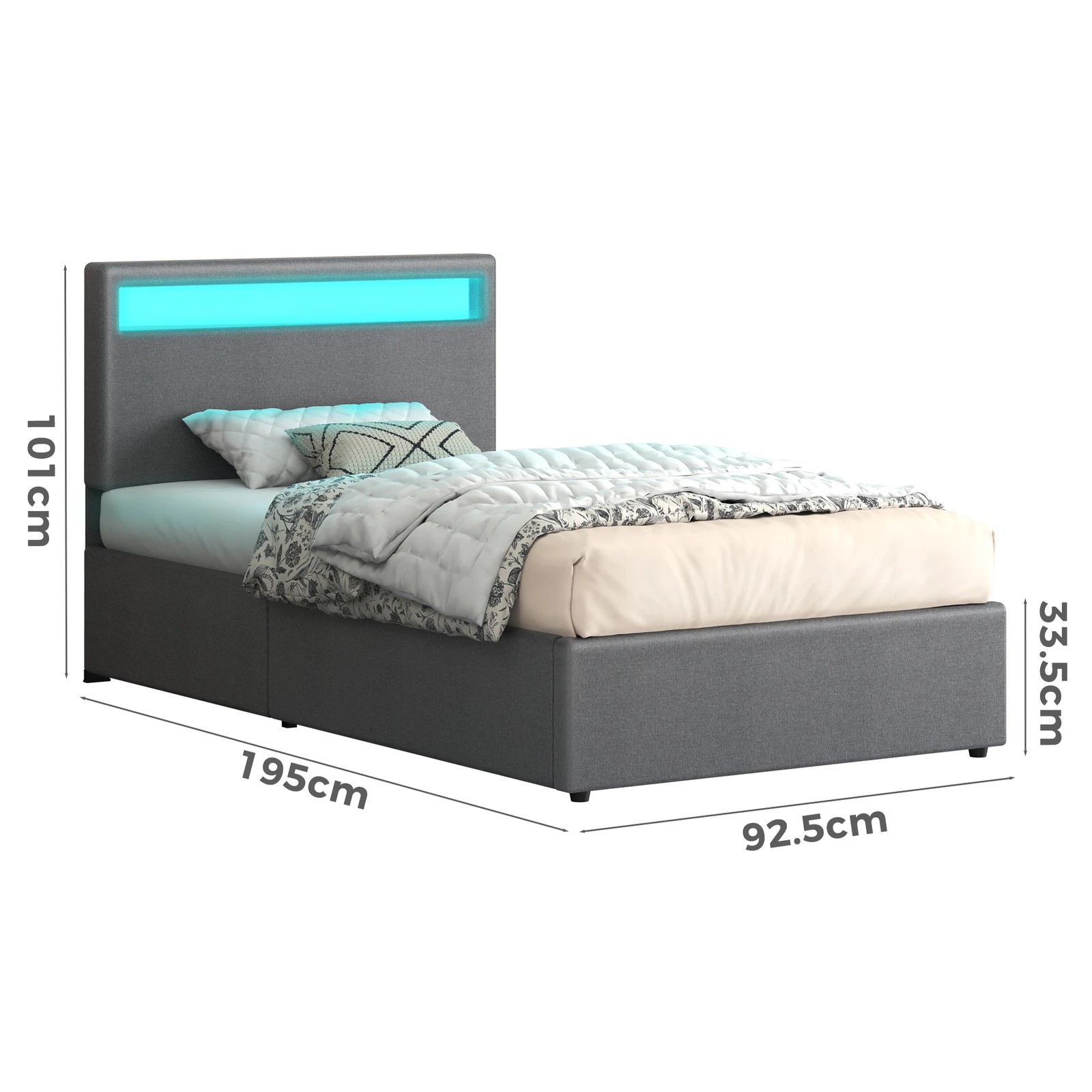 9 Alfordson Bed Frame Single Size RGB LED Gas Lift Storage Base Luchino - Grey, 9 of 10