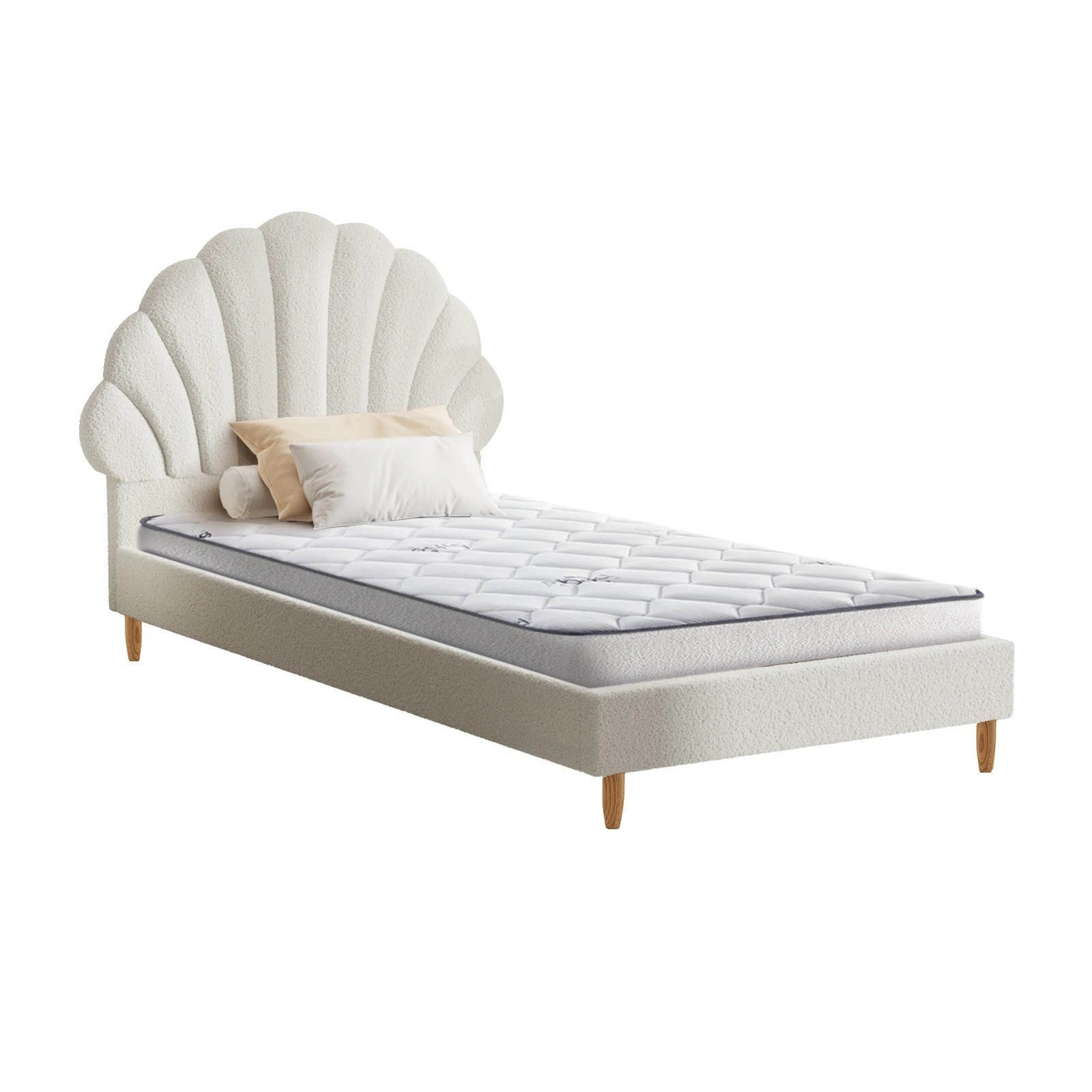 1 Oikiture Bed Frame Single Size Scallop-Shape Bedhead Boucle with Mattress - White, 1 of 8