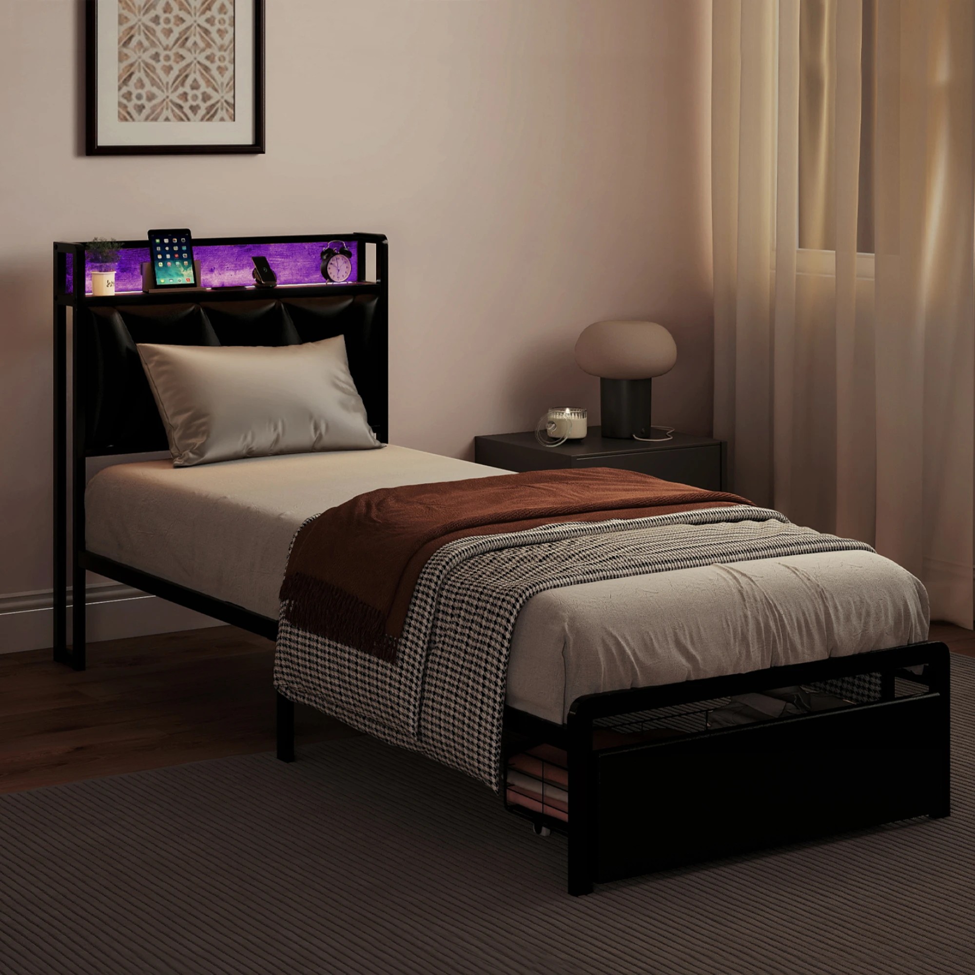 8 Levede Single Bed Frame PU with LED and Charging Station - Black, 8 of 9