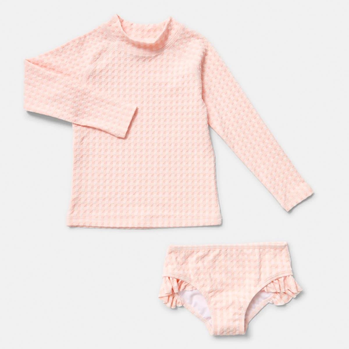 5 2 Piece Long Sleeve Rash Swim Set GINGHAM PEACH, 5 of 9