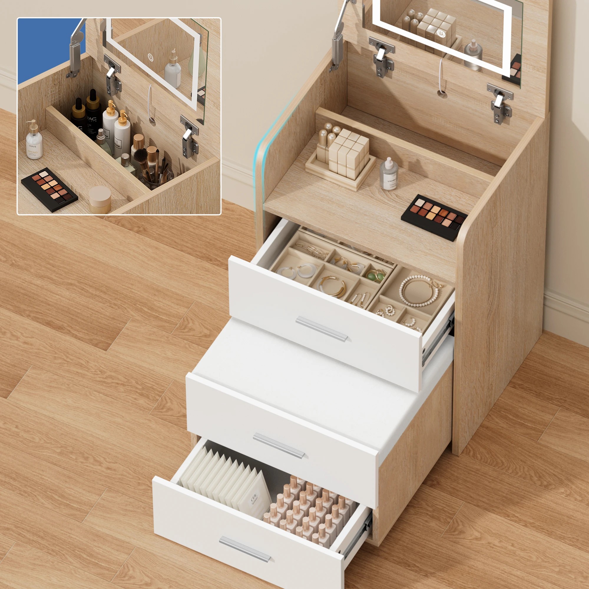 4 Alfordson Dressing Table Stool Set 3-In-1 Makeup Mirror Vanity Desk - Natural, 4 of 10
