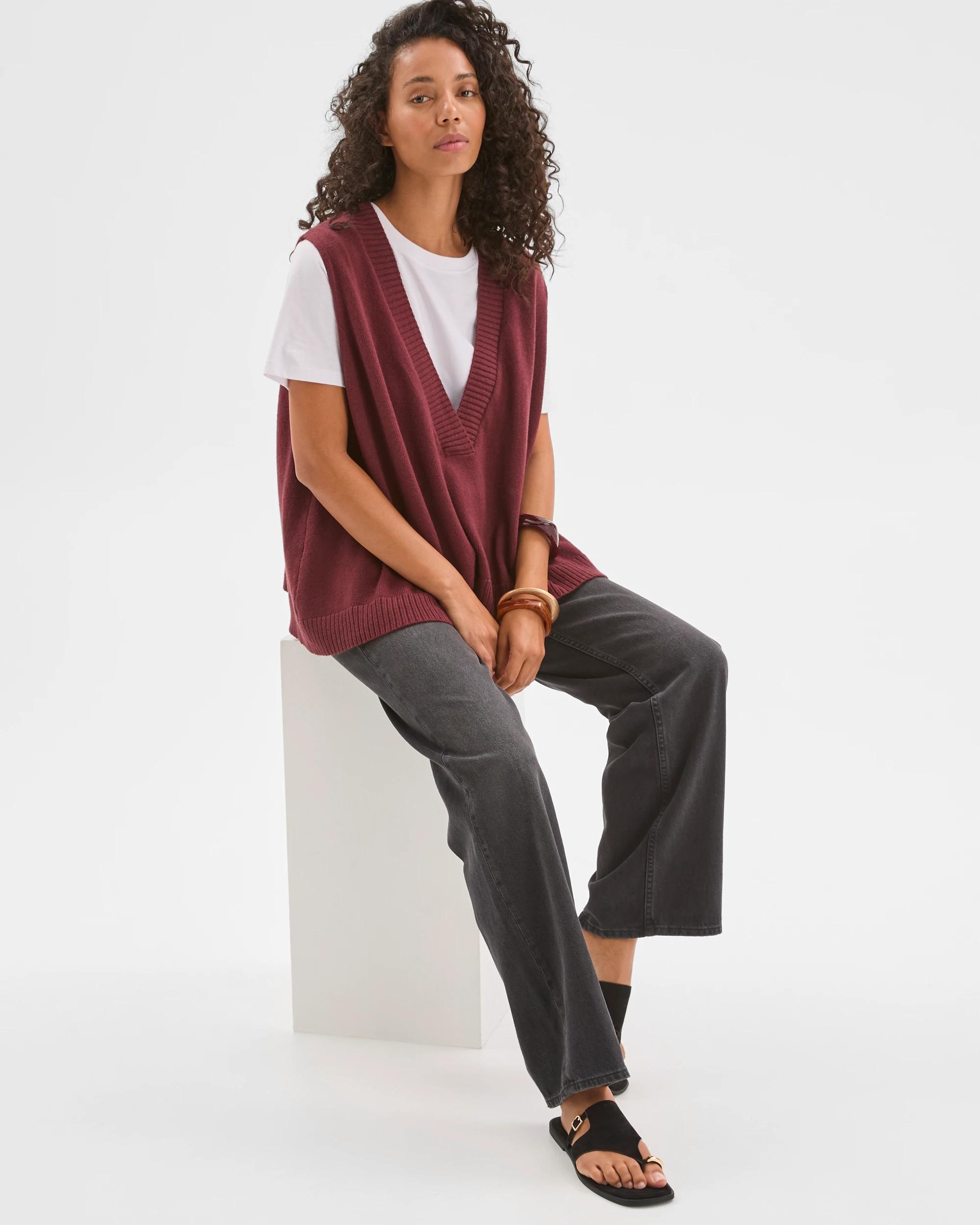 1 Target Woman Australian Cotton Blend Deep V-Neck Oversized Knit Vest BURGUNDY, 1 of 7