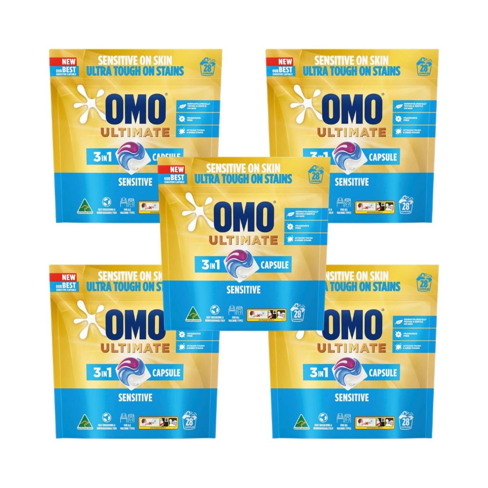 1 Omo Ultimate  3 In 1 Sensitive Tabs Pk28 x5, 1 of 2