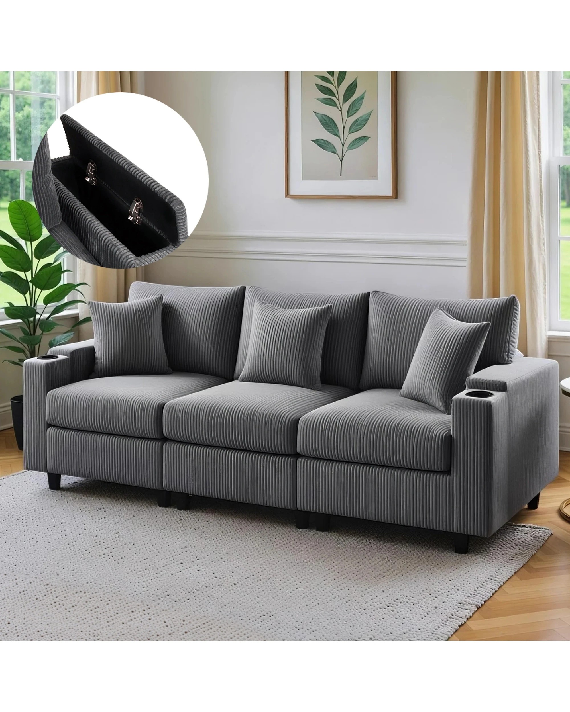 10 Advwin Sofa 256cm Corduroy Modular Couch with Storage Armrests and  Cup Holder - Grey, 10 of 10