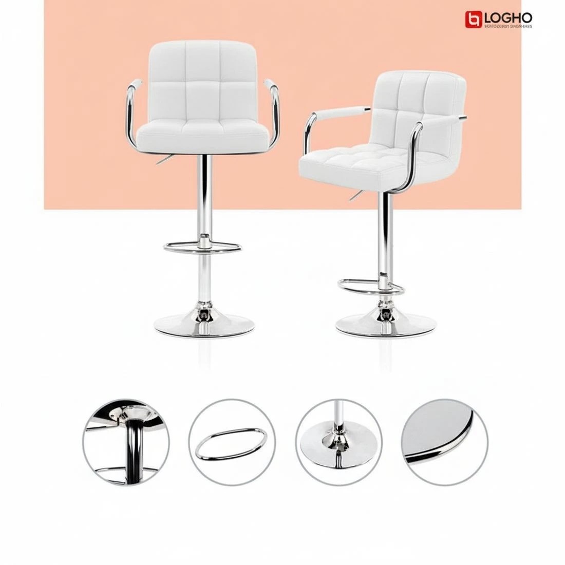 6 Artiss 2x Bar Stools Leather Gas Lift w/Armrest - White, 6 of 8