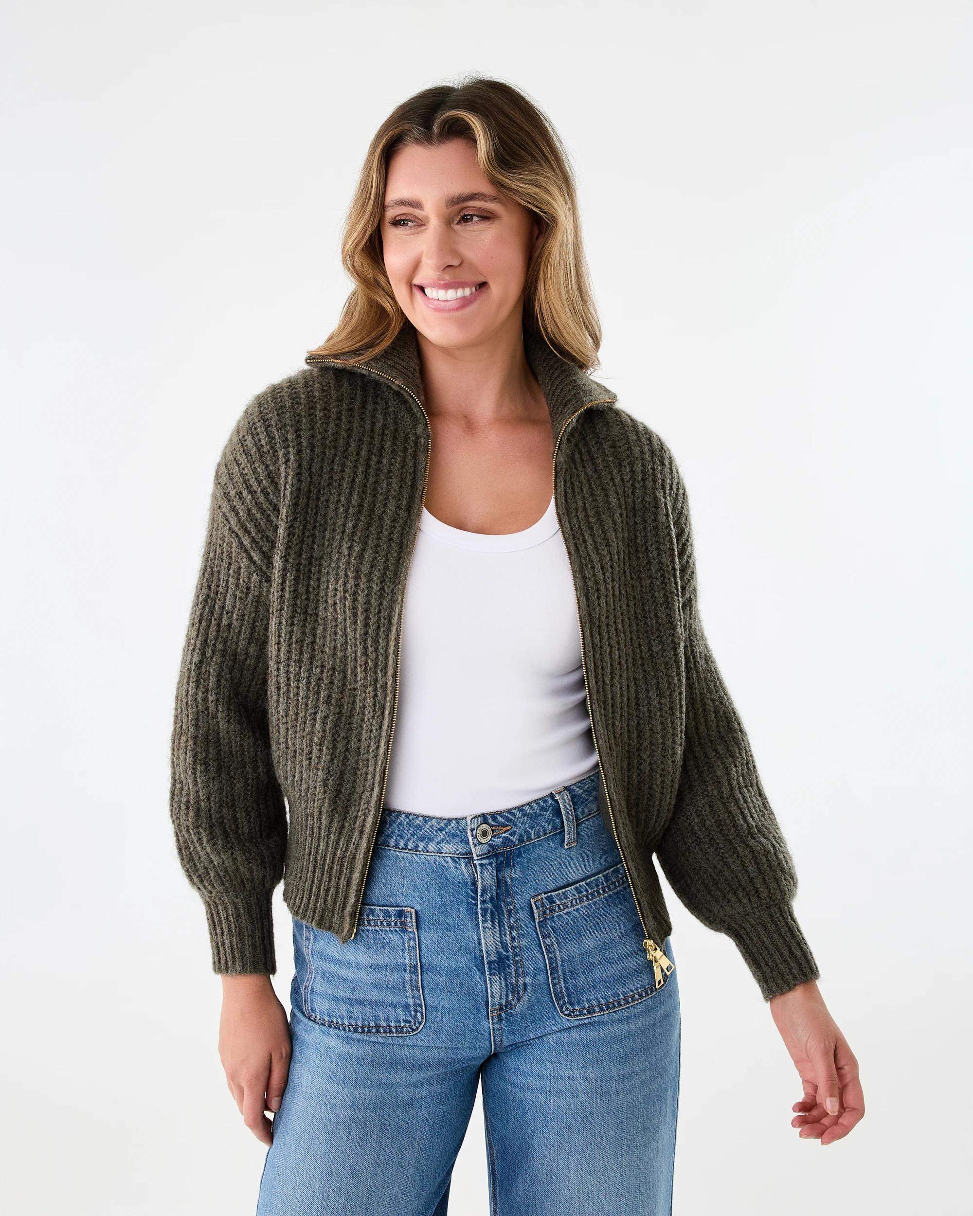 1 Fisherman Rib Knit Bomber Deep Olive, 1 of 8