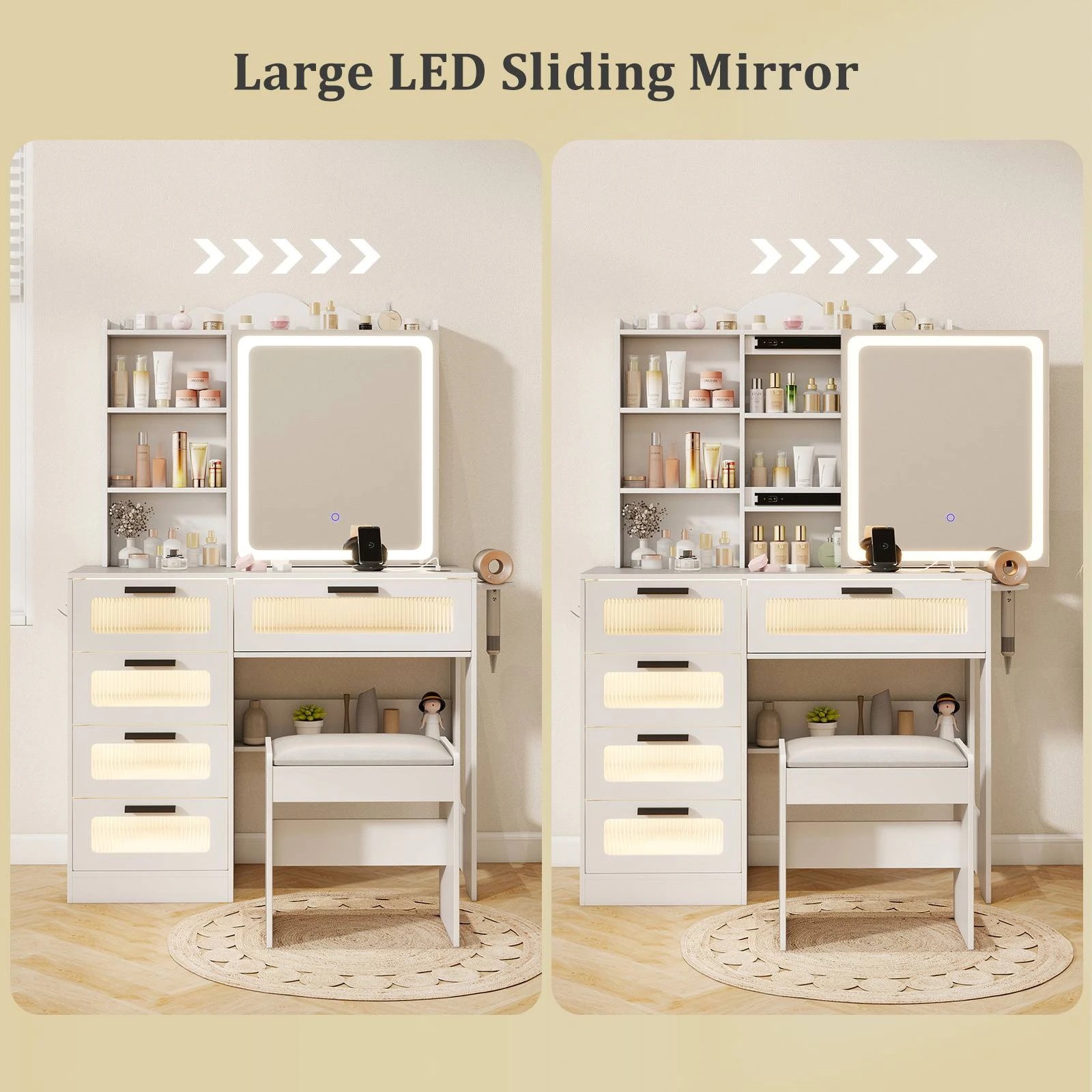 7 Costway 3-Color LED Dressing Table Set Makeup Vanity Table Stool Set w/Mirror, 7 of 10
