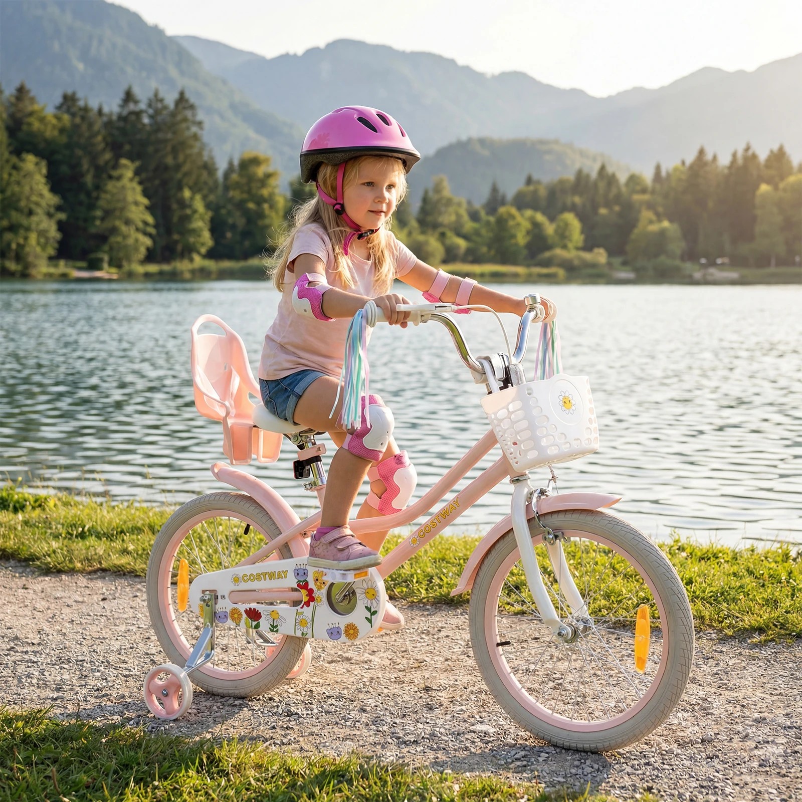 3 Costway 45cm Kids Bike Bicycle Ride-on w/Training Wheels & Doll Seat & Front Basket Beginner - Pink, 3 of 4