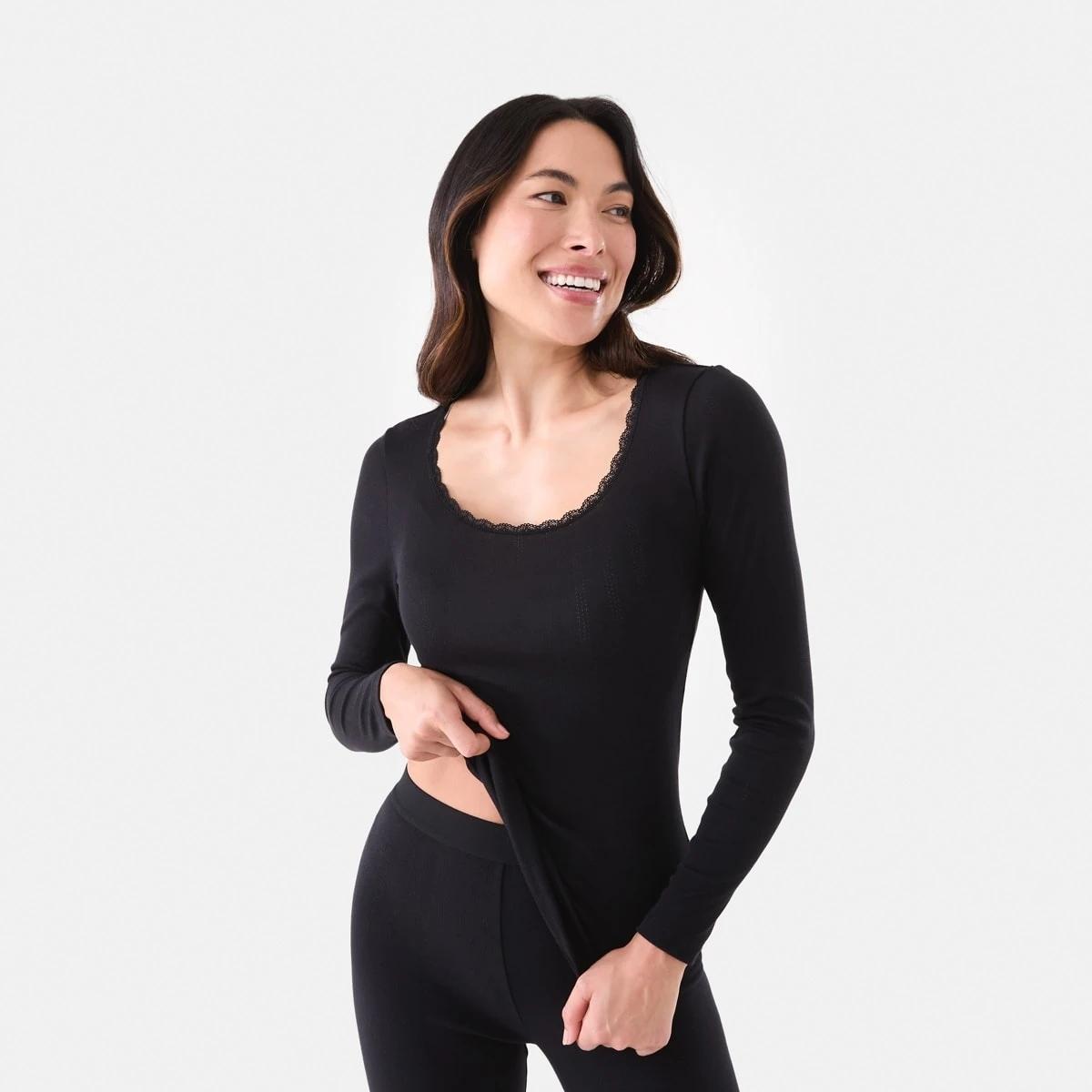 2 Pointelle Long Sleeve Top Black, 2 of 6