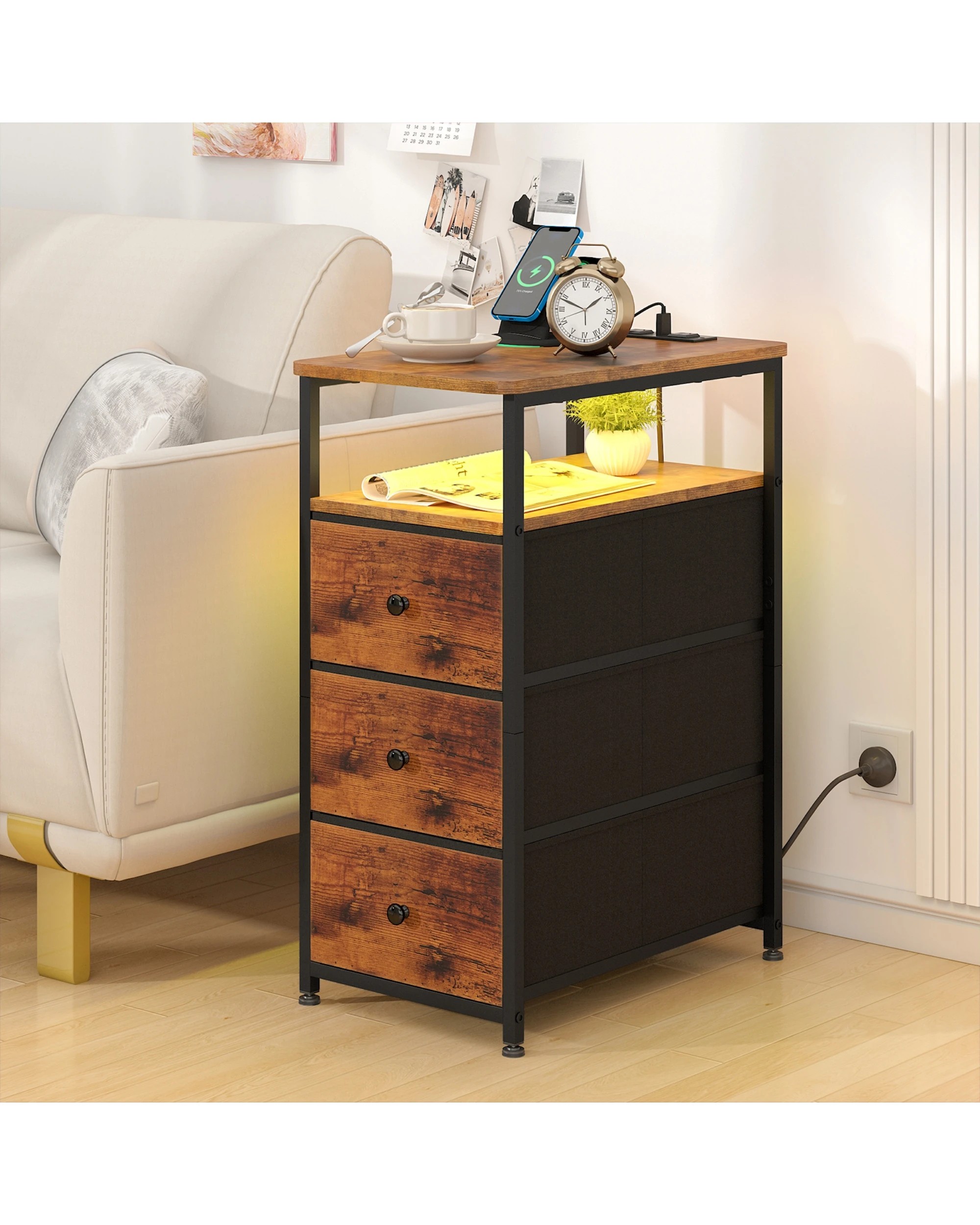 2 Advwin LED Bedside Tables Set of 2 with Drawer  - Brown, 2 of 9