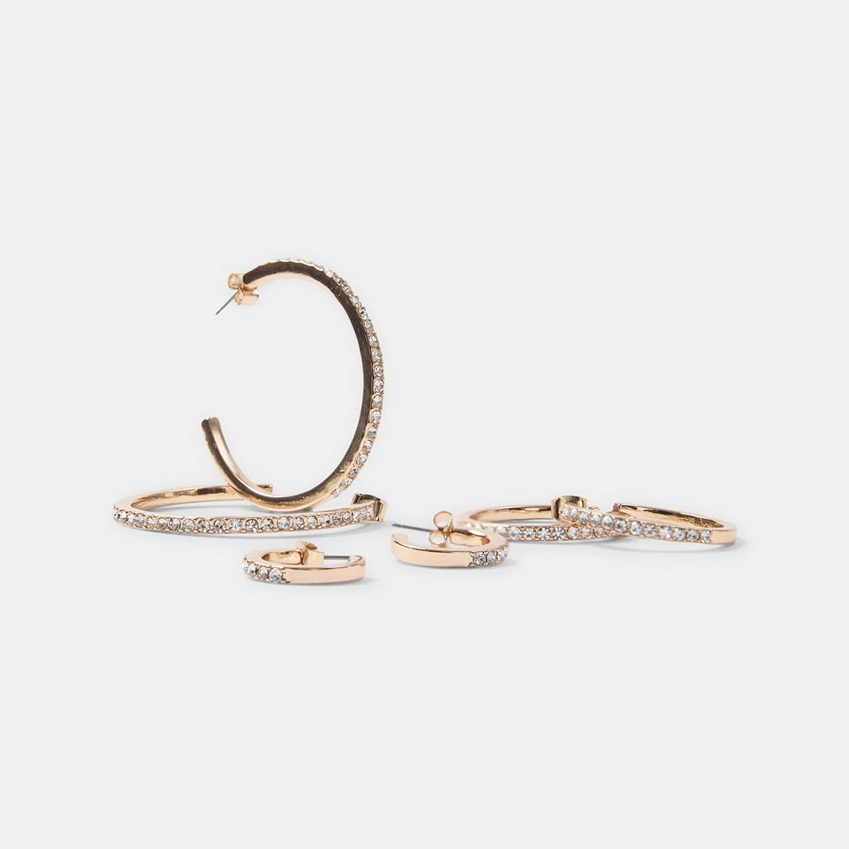 2 3 Pack Diamante Hoop Earrings - Silver Tone Gold, 2 of 5