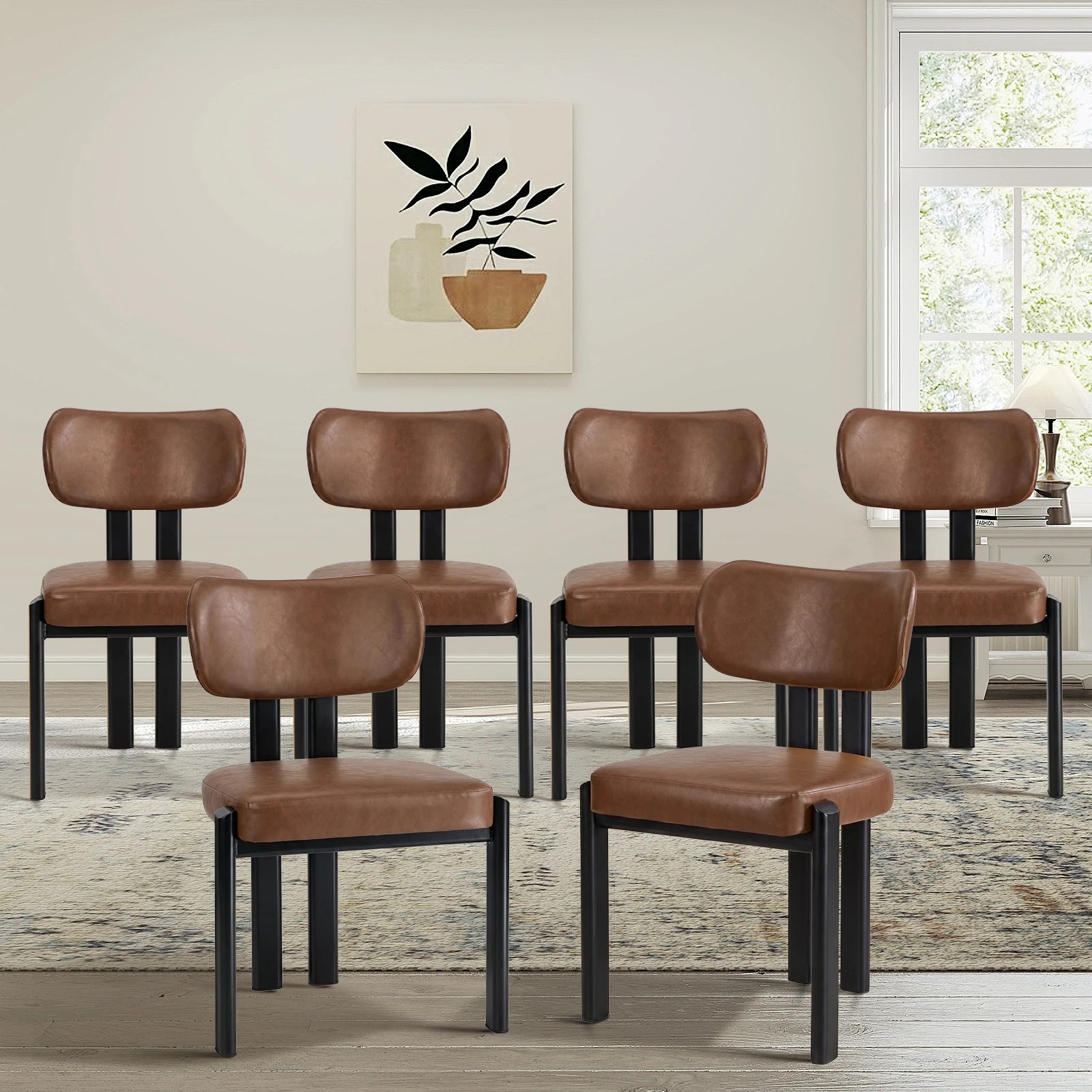 3 Oikiture Set of 6 Dining Chairs Faux Leather Fabric Kitchen Chair Padded Seat - Brown, 3 of 9