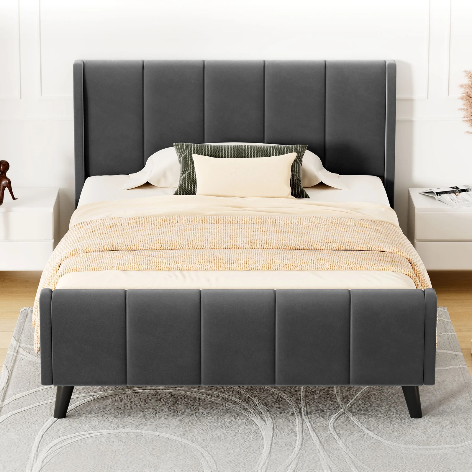 3 Alfordson Bed Frame King Single Tufted Headboard Base Velvet Hundolf - Grey, 3 of 10