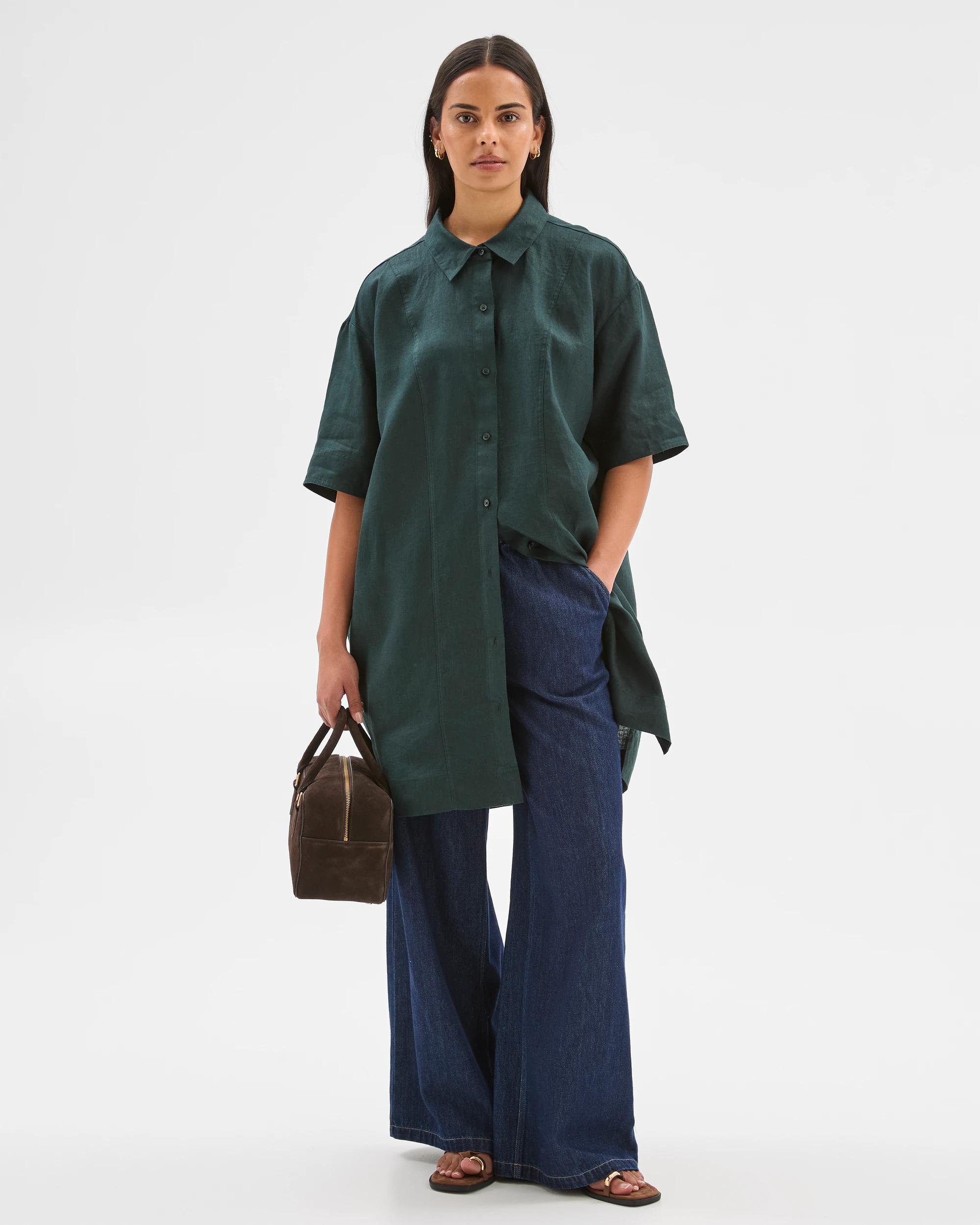 1 Target Woman European Linen Short Sleeve Shirt Mini Dress MIDNIGHT JADE, 1 of 6