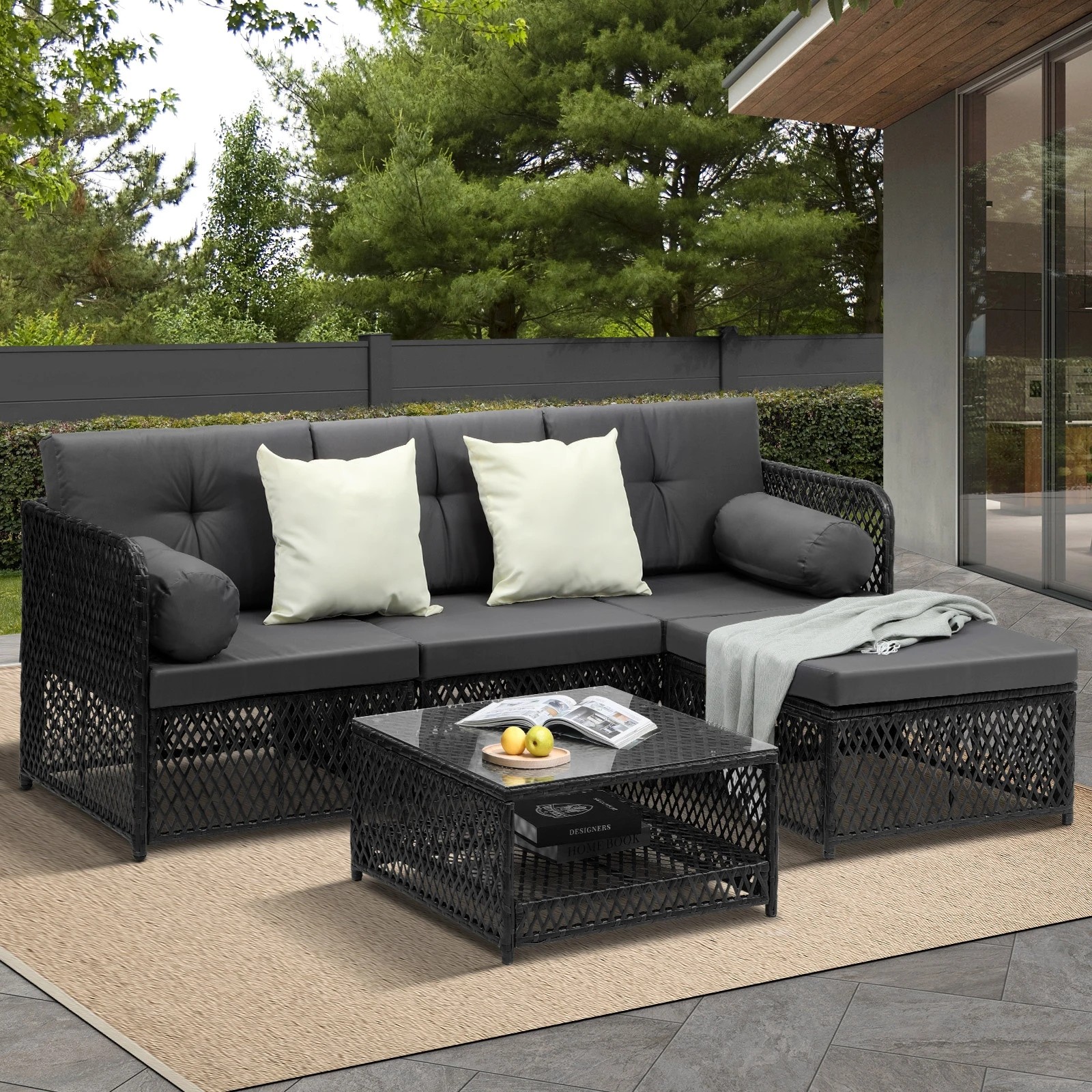 3 Livsip Outdoor Sofa Set 4 Seater Wicker Lounge Setting - Black, 3 of 8