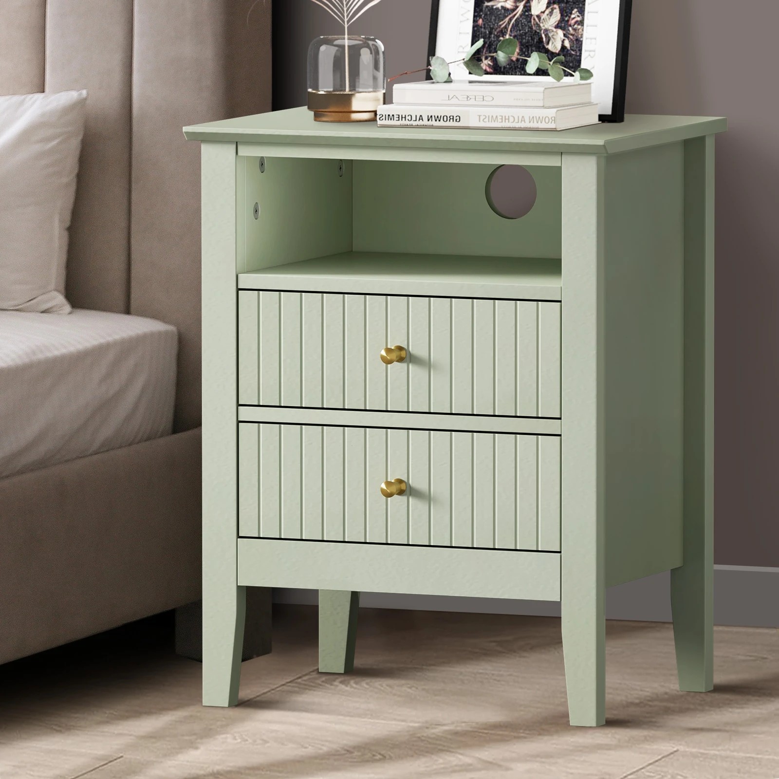 1 Oikiture Bedside Table Nightstand 2 Drawer with Shelf Storage Cabinet - Green, 1 of 9