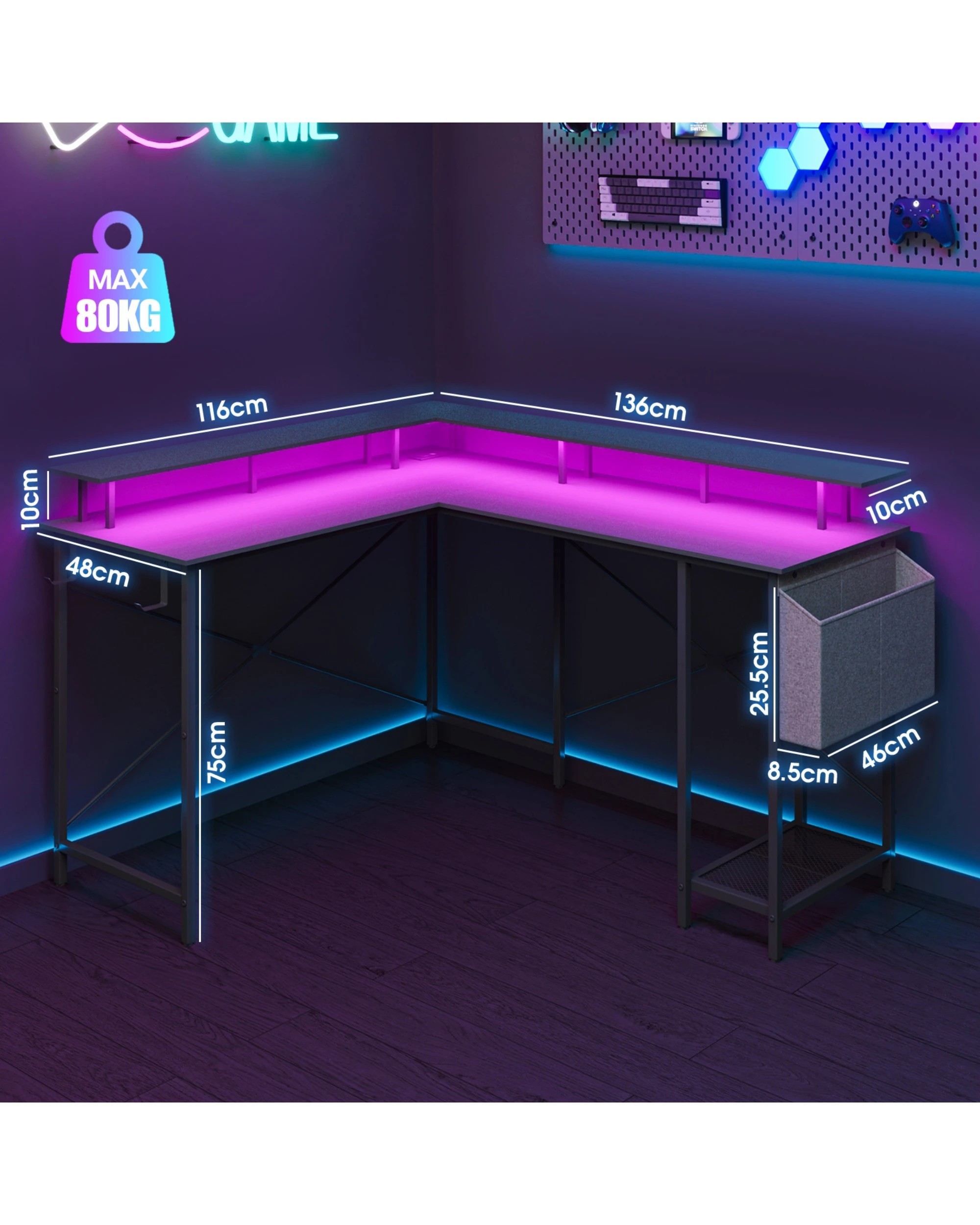 2 Advwin L Shaped Computer Gaming Desk With Led Lights & Power Outlets Black, 2 of 9