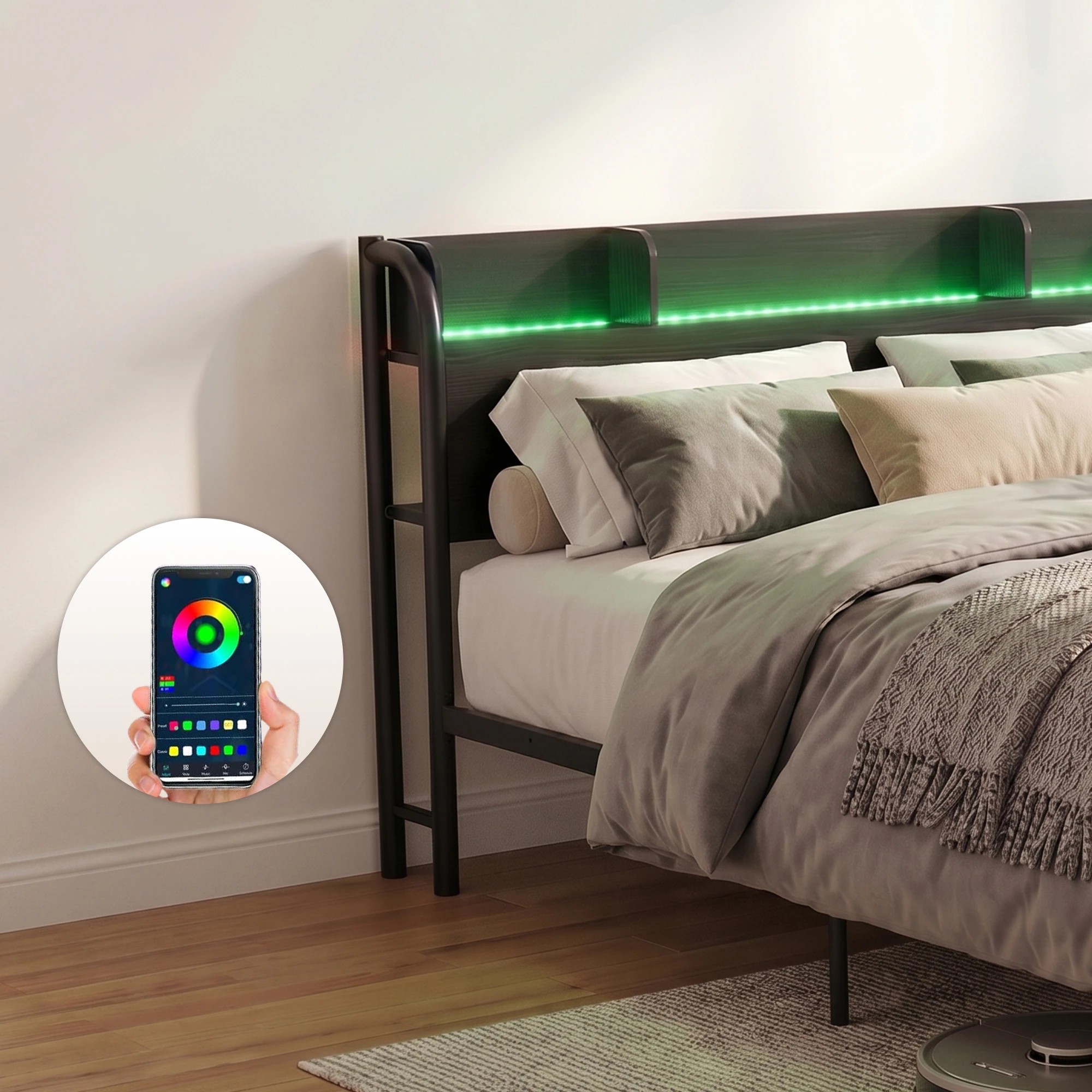 5 Artiss Bed Frame Queen Size with Storage Shelf Headboard Charging Station GRID - Black, 5 of 7