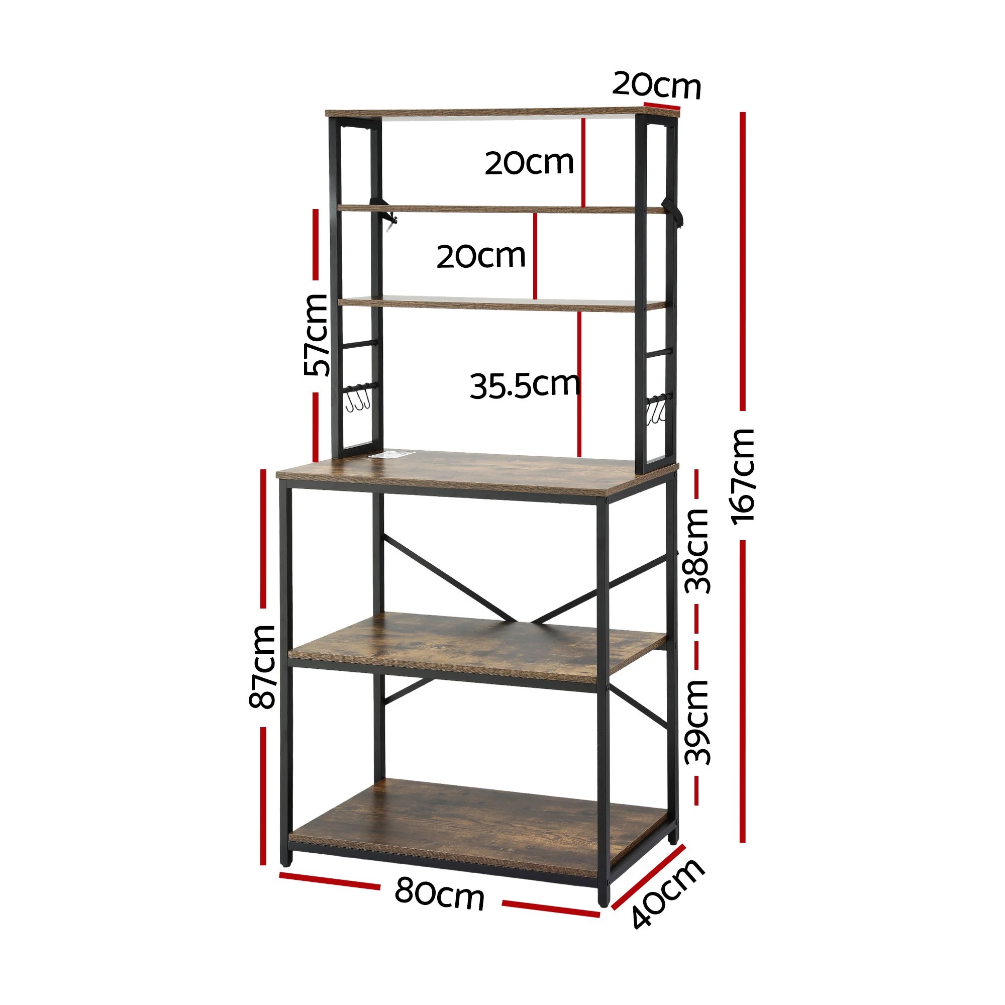 2 Artiss 6-Tier Kitchen Rack with 6 Hooks Microwave Metal Storage Shelf 80cm x 167cm - Brown, 2 of 9