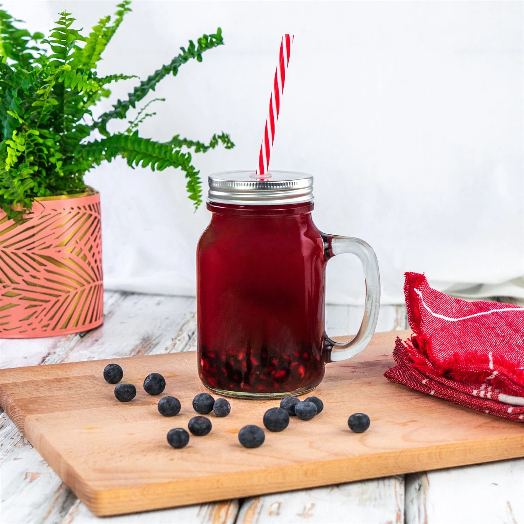 6 Rink Drink 4 Piece Glass Drinking Jars Set with Lid and Straw with Handle-  620ml, 6 of 7
