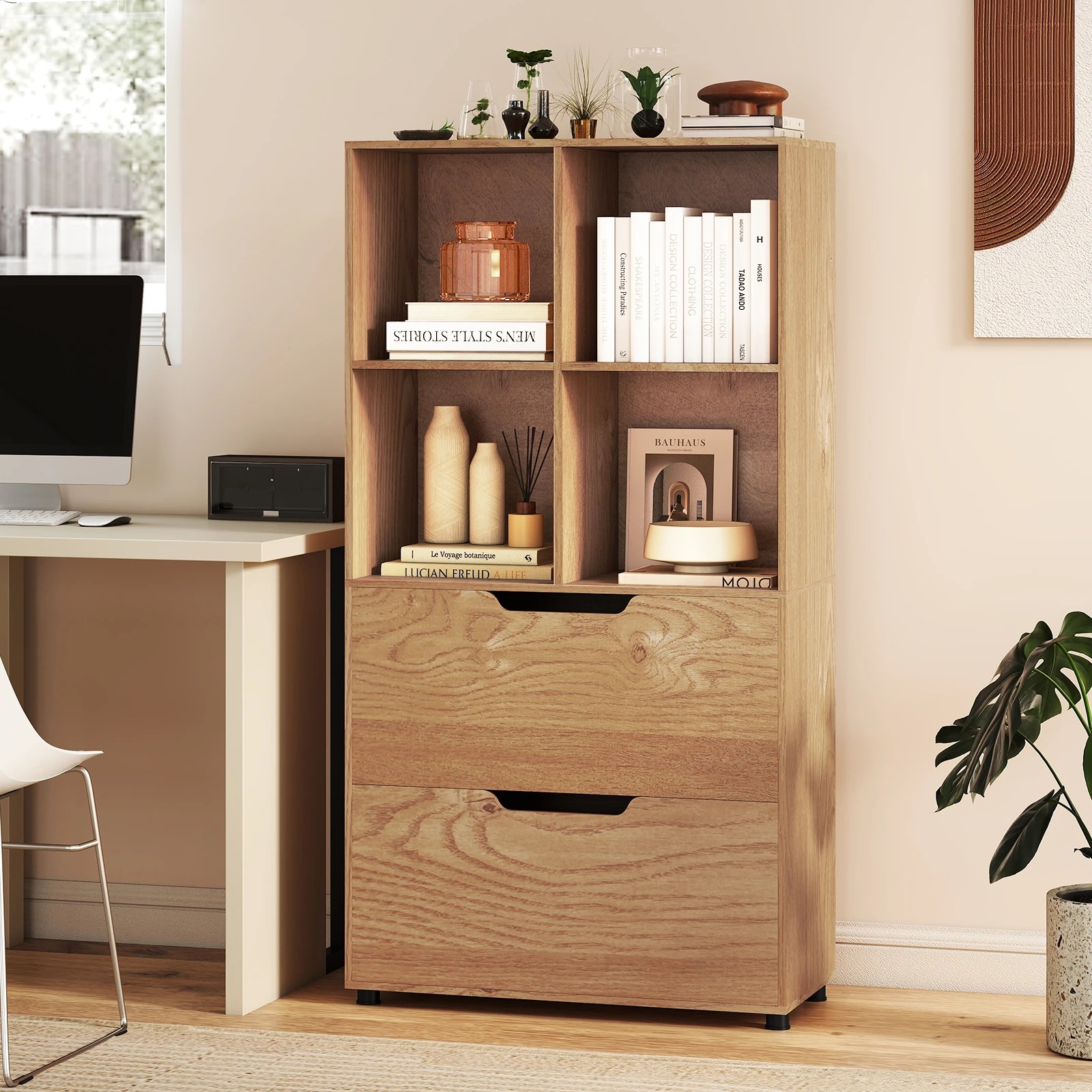 3 Costway 4 Cube 5-Tier Bookcase w/2 Drawers Display Rack Bookshelf Storage Organizer - Natural, 3 of 4