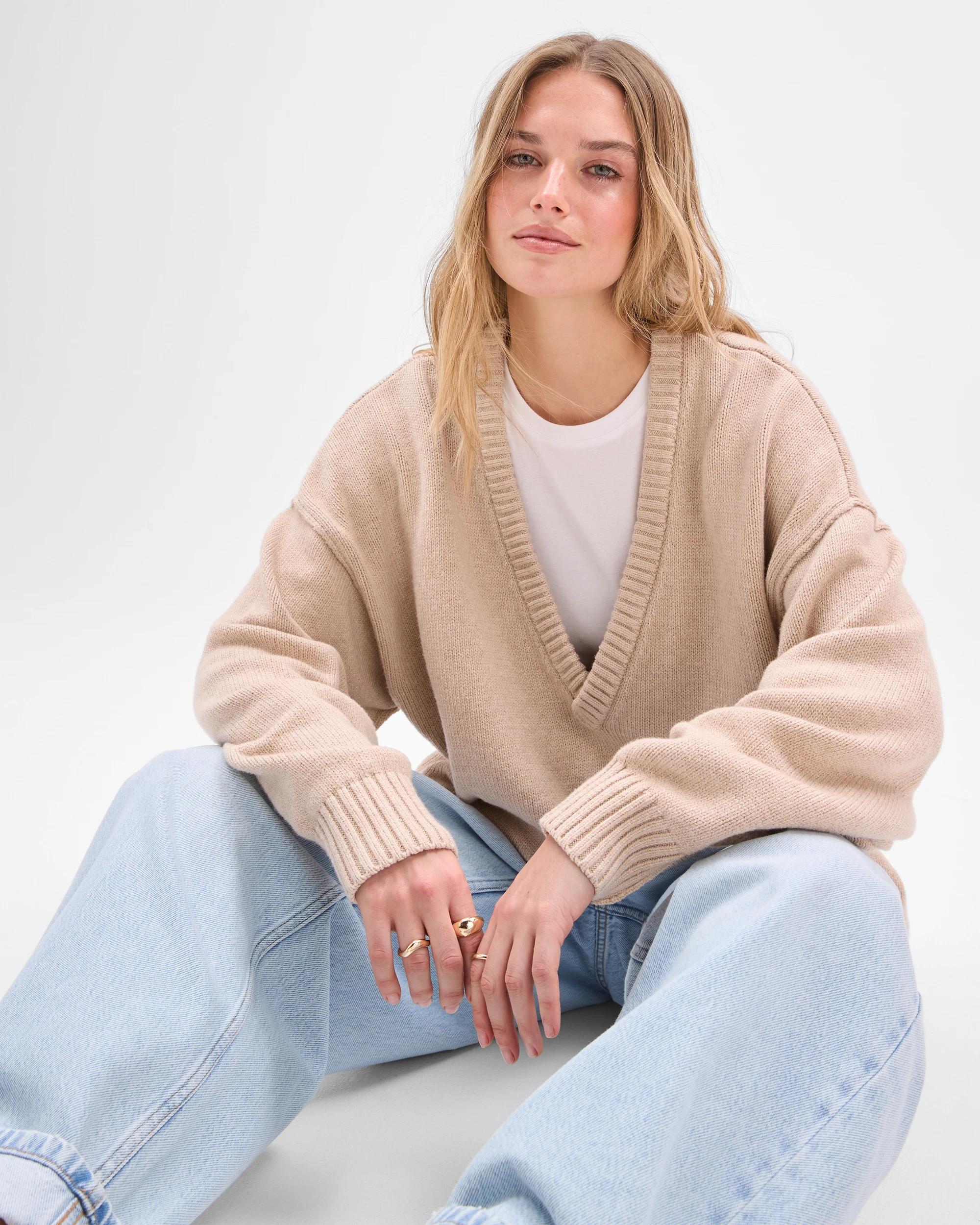 1 Lily Loves Australian Cotton Blend Deep V-Neck Jumper OATMEAL MARLE, 1 of 7