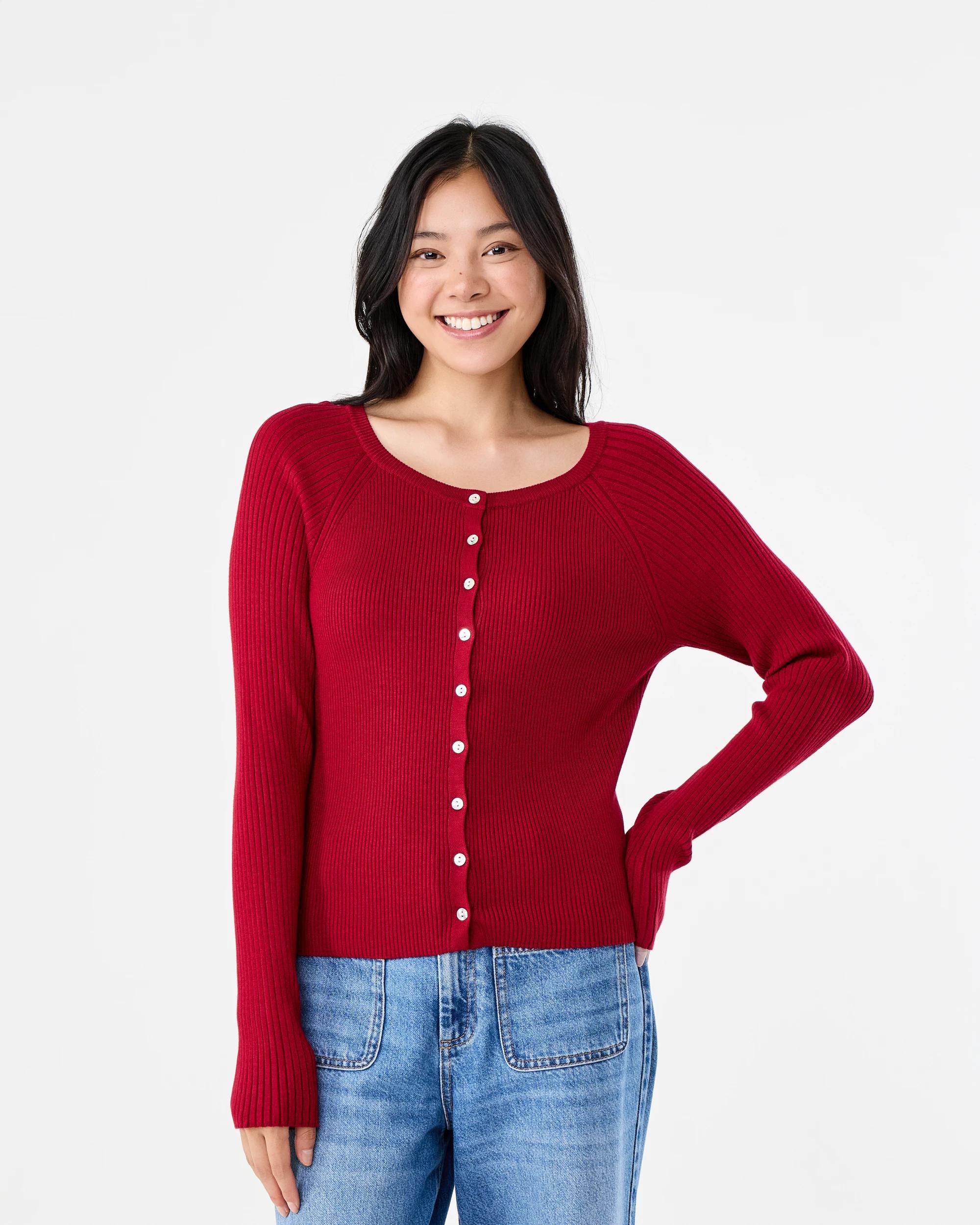 1 Long Sleeve Button Raglan Top Spice Red, 1 of 6