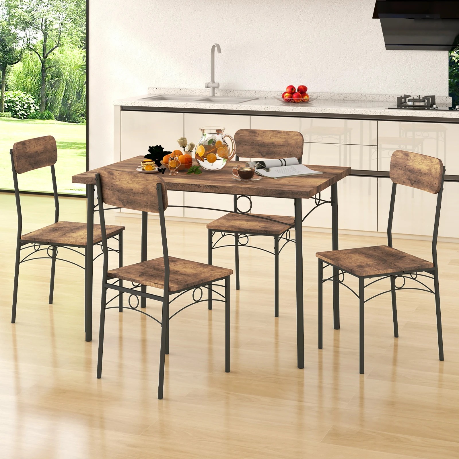 2 Costway 5PCS Rectangular Dining Table Chairs Set Kitchen Metal Frame Dining Room Furniture - Brown, 2 of 4