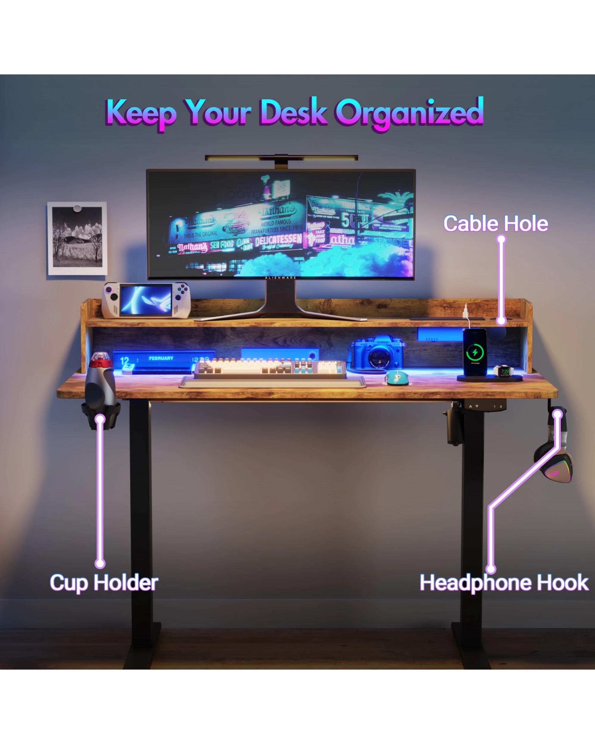 7 Advwin Led Rgb Light Electric Standing Desk With Power Outlets & Monitor Stand 120cm
 - Brown, 7 of 8