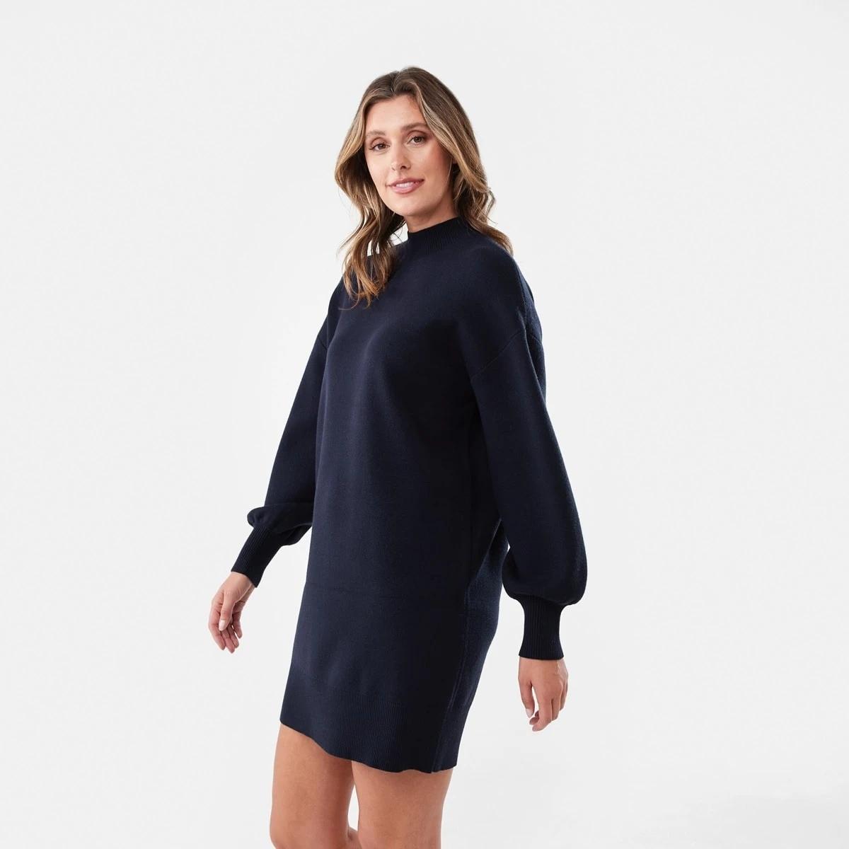 2 Long Sleeve Mock Neck True Knit Mini Dress Navy Blaze, 2 of 7