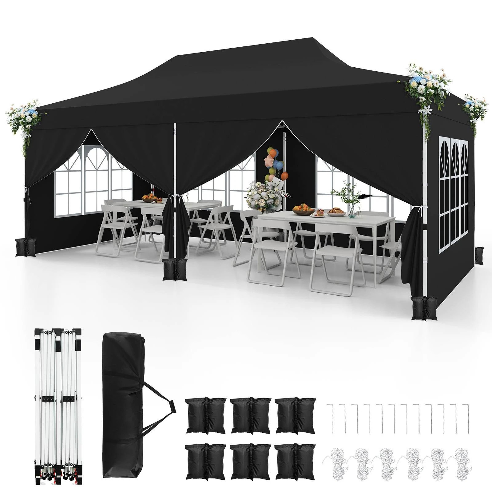 1 Costway Gazebo 3×6m Pop up Marquee UPF50+ Wedding Party Tent Side Wall - Black, 1 of 3