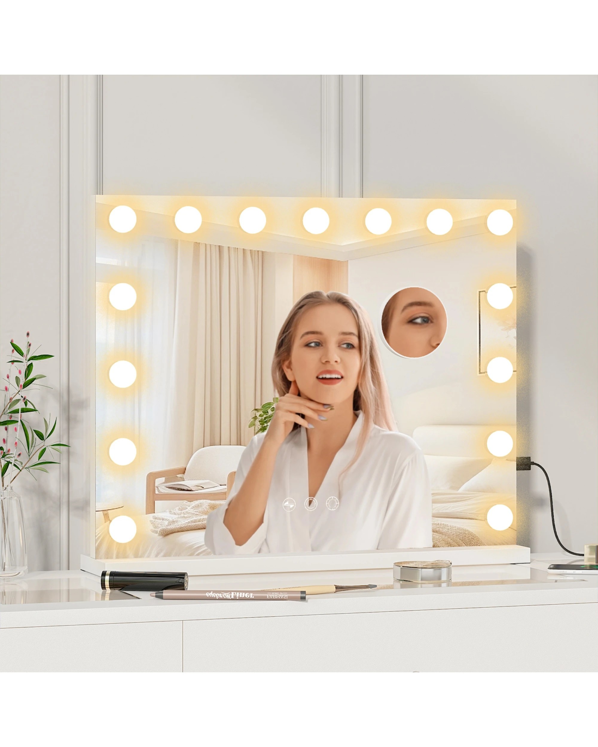 1 Advwin Vanity Makeup Mirror with Led Lights and 5x Magnification - White, 1 of 4