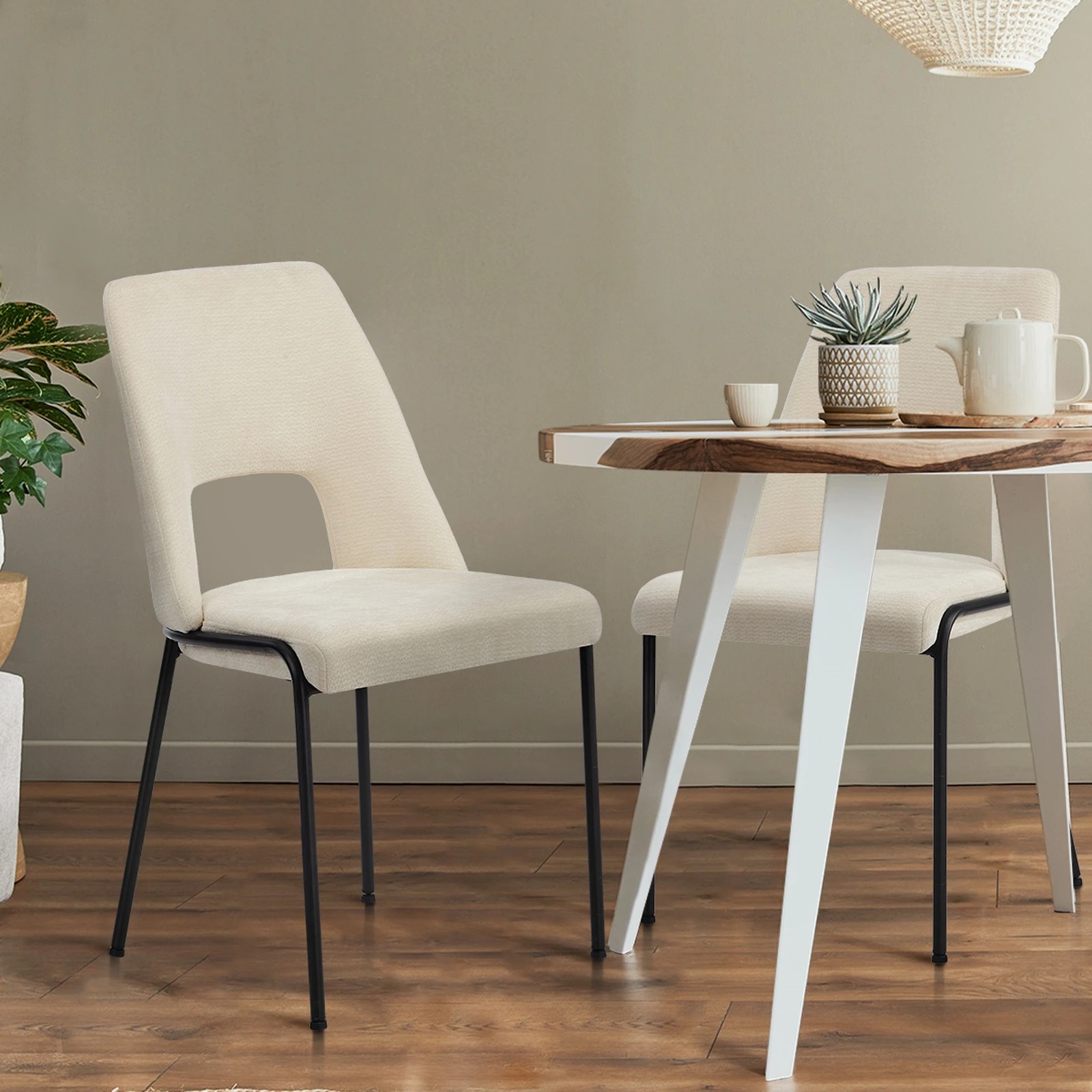 4 Oikiture 2x Dining Chairs Chenille Fabric Kitchen Side Chair - Beige, 4 of 9